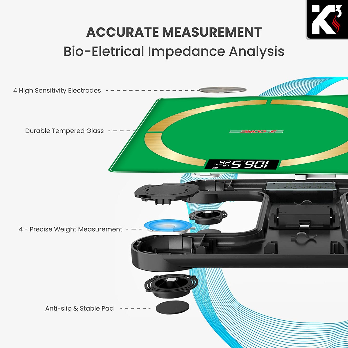 Kcubeinc Smart Digital Scale for Body Weight and Fat Percentage, Battery Power Digital Bathroom Smart Scale Bluetooth Body Fat Scale, BMI Monitor with App 400lbs- BBS 03 B SG