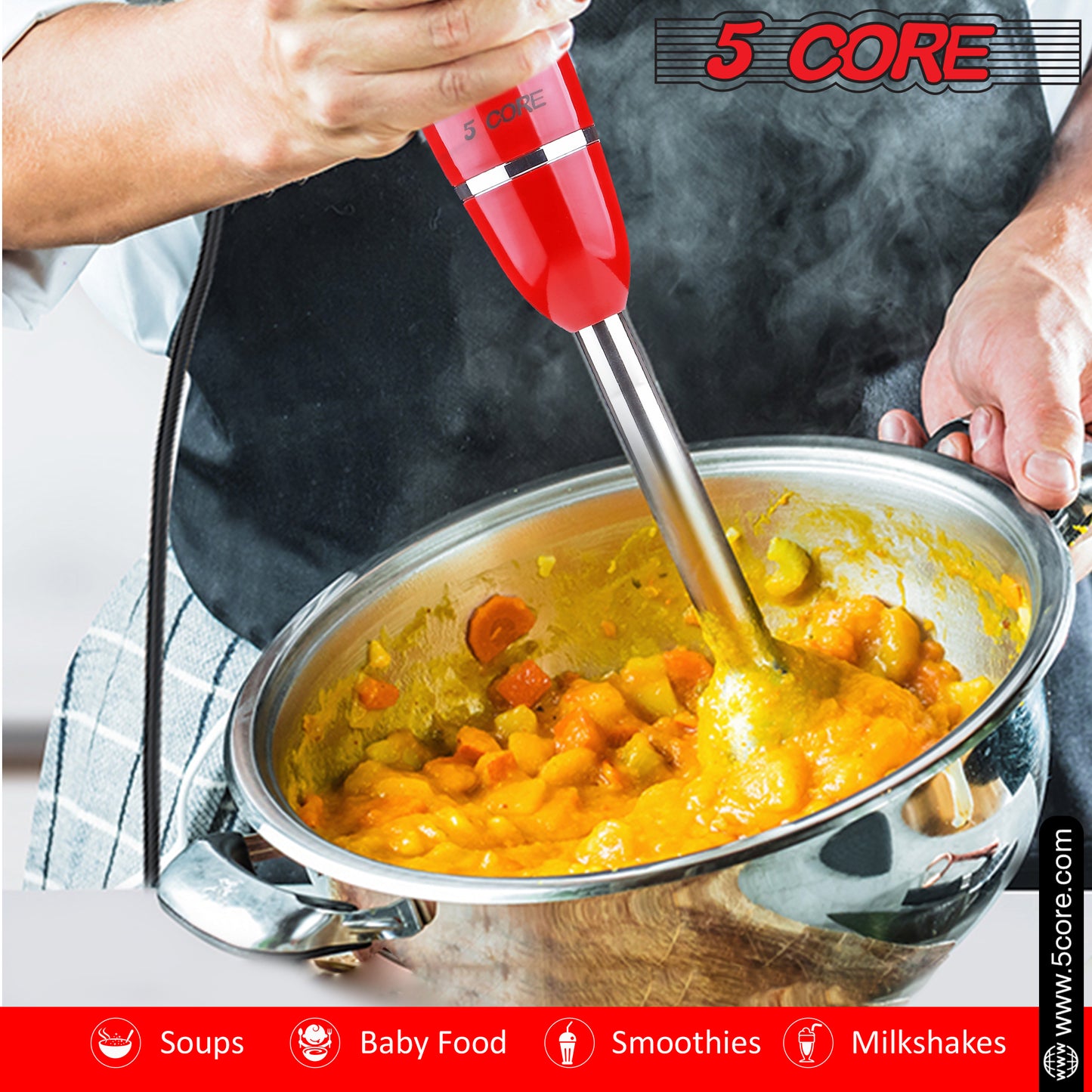 Powerful Immersion Blender Red| 500 Watt Multi-Purpose Hand Blender Heavy Duty Copper Motor Brushed Stainless Steel| for Soup, Smoothie, Puree, Baby Food, 304 Stainless Steel Blades- HB 1510 RED