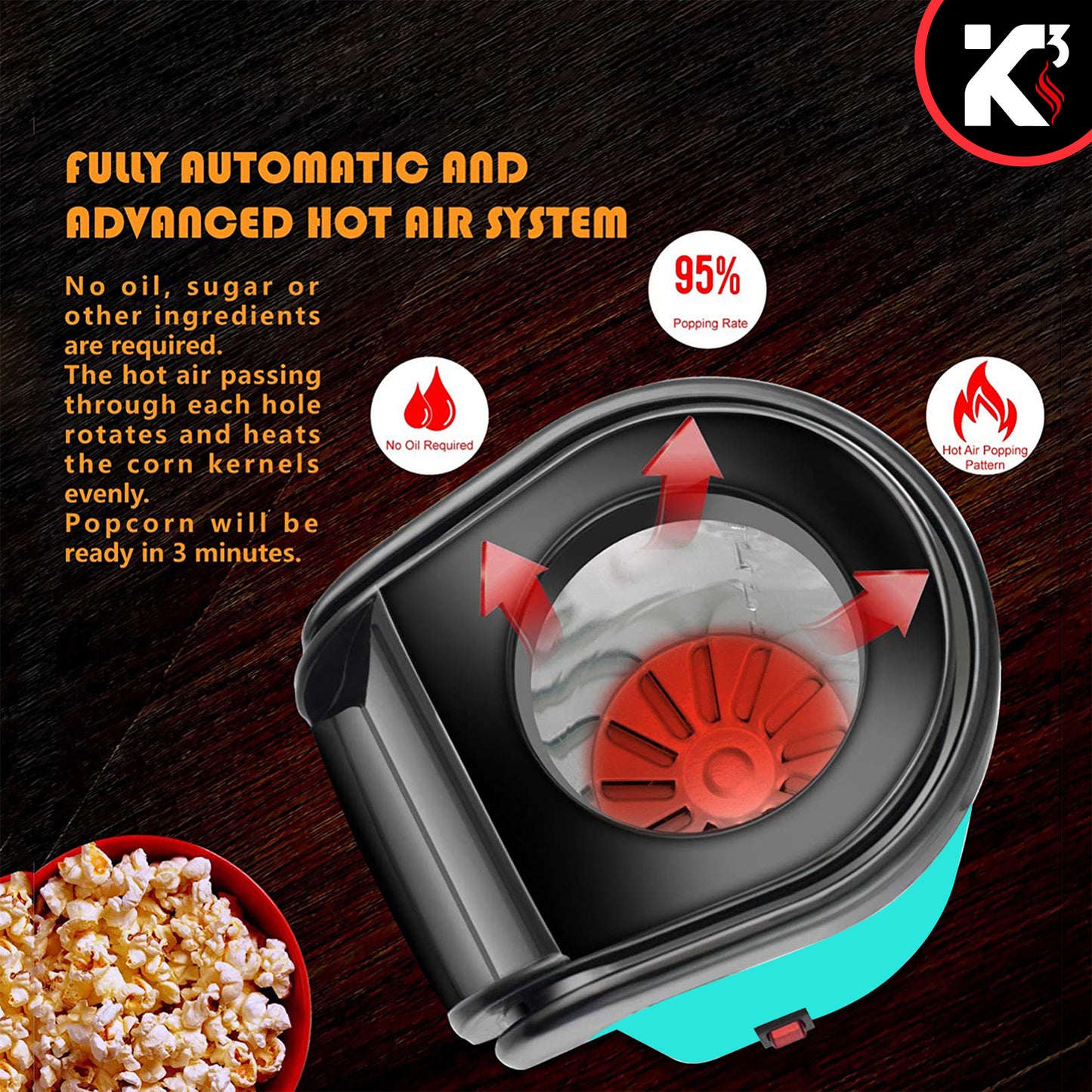 Kcubeinc Popcorn Machine Hot Air Electric Popper Kernel Corn Maker Bpa Free No Oil POP G