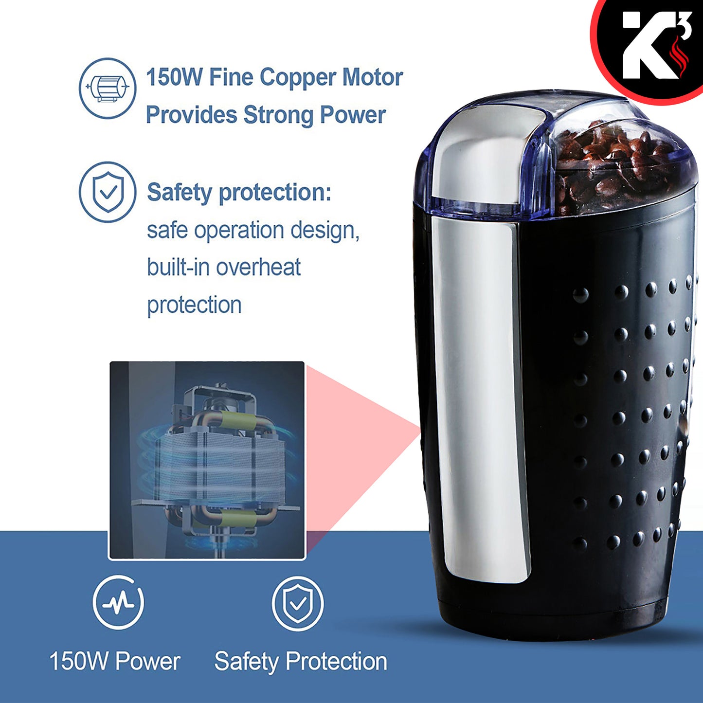 One-Touch Coffee and Spice Grinder Black| Stainless Steel Blades, Removable Chamber| Capacity up to 12 Cups| Electric Coffee Grinder for Beans, Spices, and More- CG 01 BL