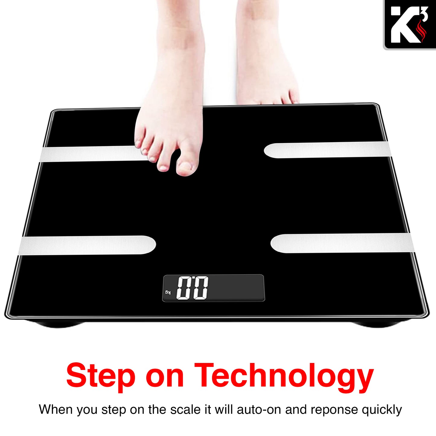 Kcubeinc Smart Digital Bathroom Weighing Scale with Body Fat and Water Weight for People, Bluetooth BMI Electronic Body Analyzer Machine, 400 lbs. BBS HL B BLK
