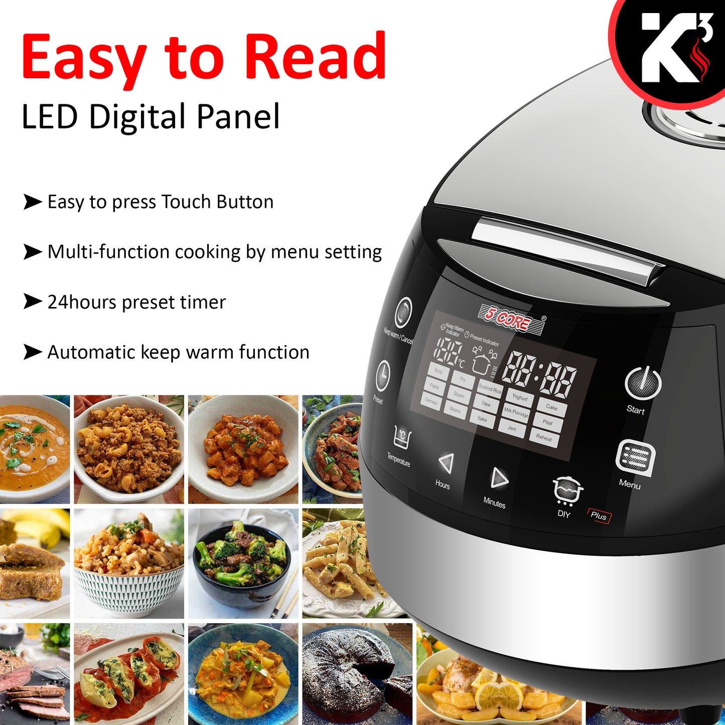 Kcubeinc 5.3Qt Asian Rice Cooker Digital Programmable 15-in-1 Ergonomic Large Touch Screen Electric Multi Cooker Slow Cooker Steamer Pot Warmer 11 Cups 24 Hour Delay Timer Auto Keep Warm Feature RC 0501