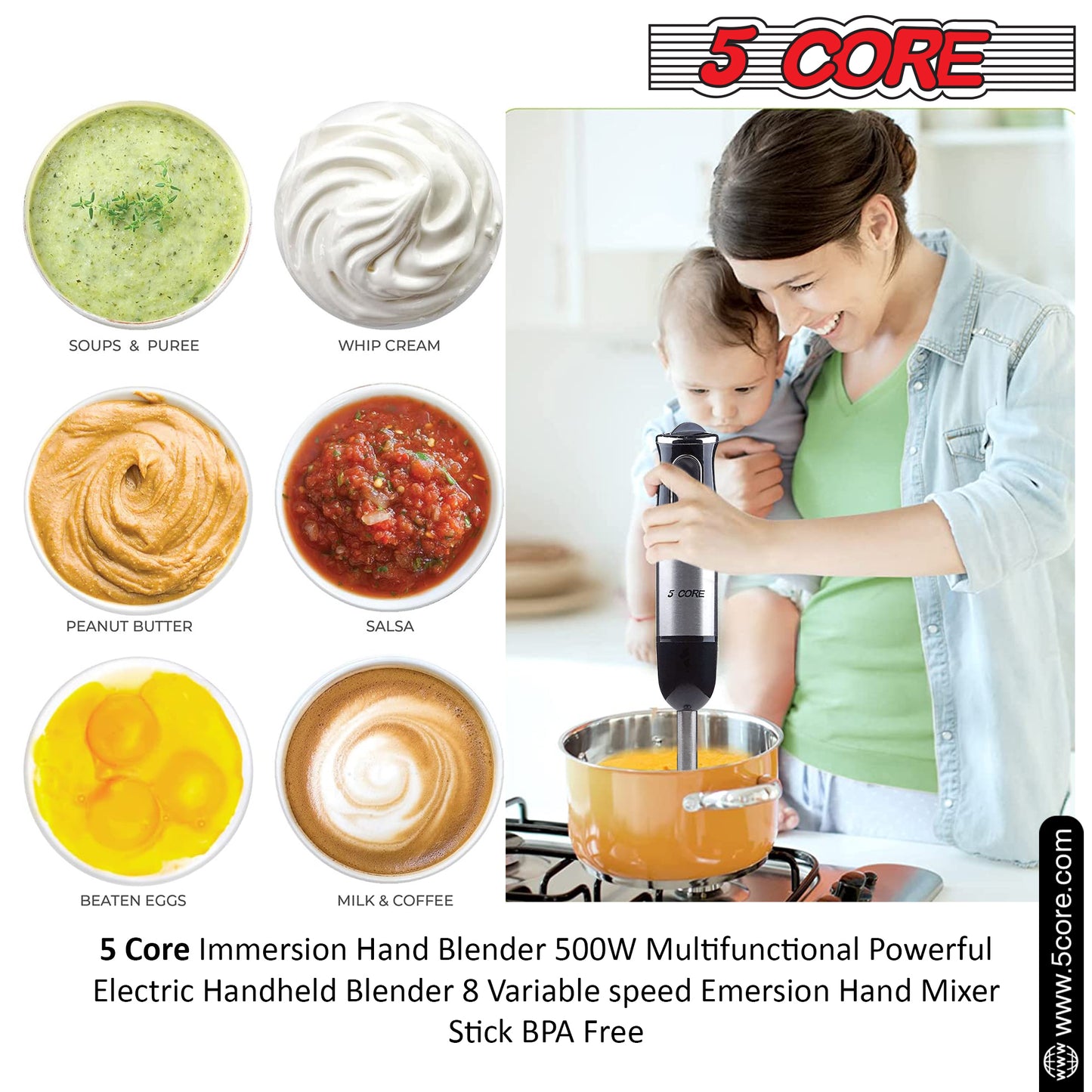 Powerful Immersion Blender| 500 Watt Multi-Purpose Hand Blender Heavy Duty Copper Motor Brushed Stainless Steel| for Soup, Smoothie, Puree, Baby Food, 304 Stainless Steel Blades- HB 1510