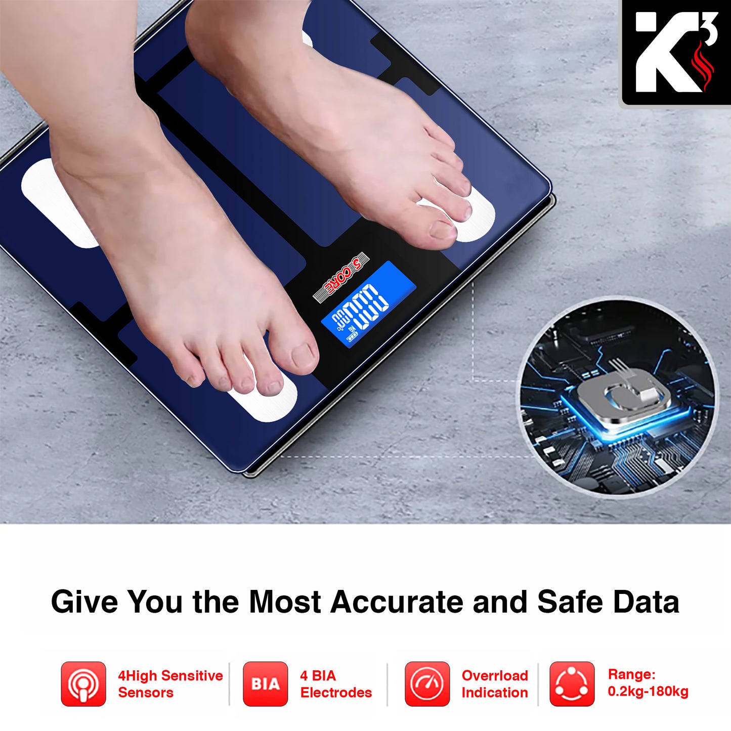 Kcubeinc Smart Digital Bathroom Weighing Scale with Body Fat and Water Weight for People, Bluetooth BMI Electronic Body Analyzer Machine, 400 lbs. BBS VL B BLU