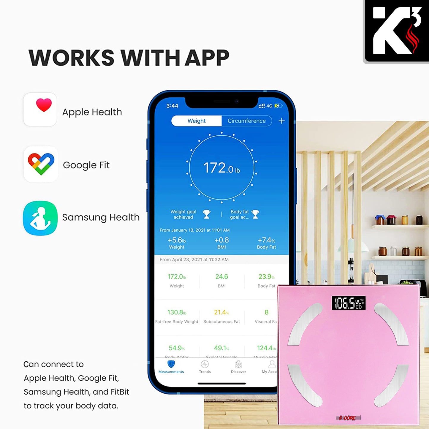 Kcubeinc Rechargeable Smart Digital Bathroom Weighing Scale with Body Fat and Water Weight for People, Bluetooth BMI Electronic Body Analyzer Machine, 400 lbs. BBS 03 R PNK
