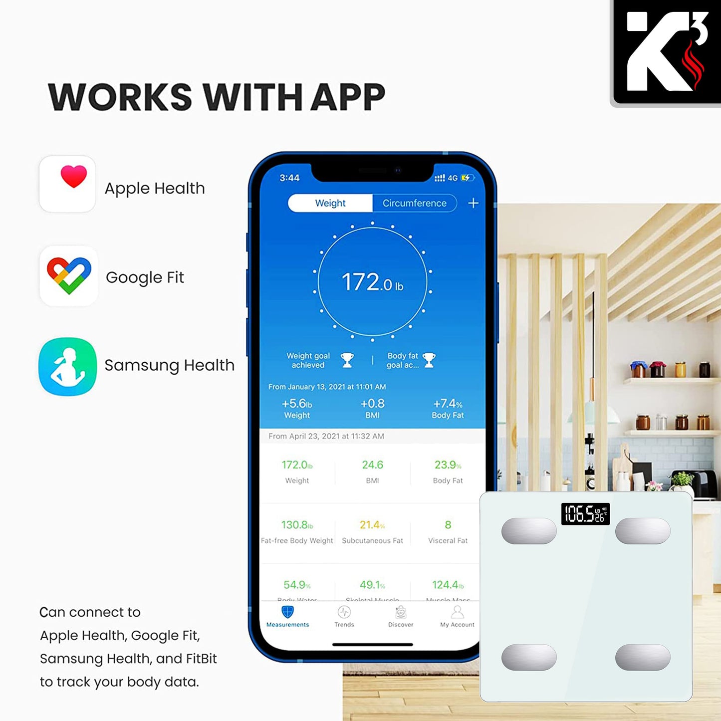 Kcubeinc Smart Digital Bathroom Weighing Scale with Body Fat and Water Weight for People, Bluetooth BMI Electronic Body Analyzer Machine, 400 lbs. BBS HL B WH