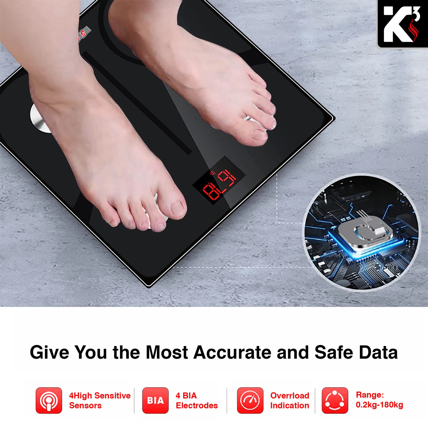 Kcubeinc Smart Digital Bathroom Weighing Scale with Body Fat and Water Weight for People, Bluetooth BMI Electronic Body Analyzer Machine, 400 lbs. BBS DOT B BLK