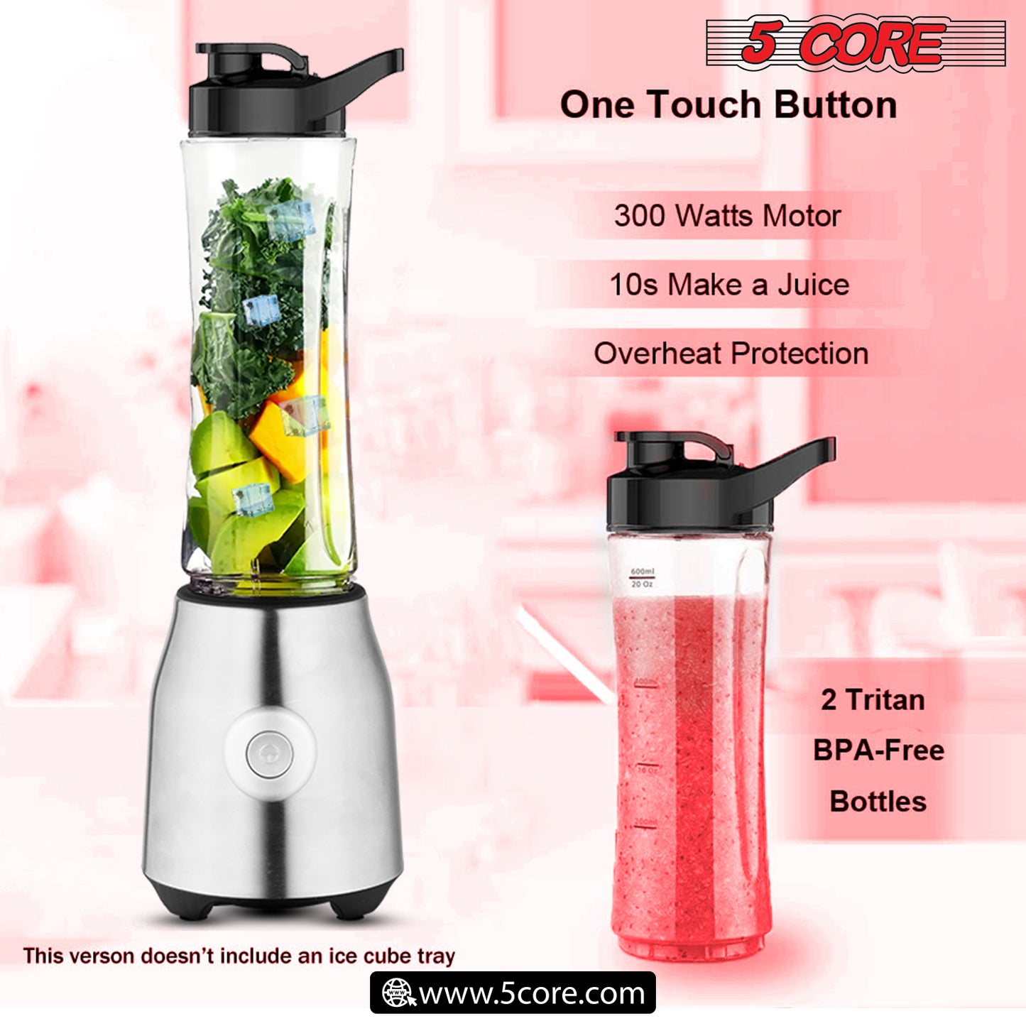 Personal Blender 20 Oz Capacity| BPA Free Food Processor with Portable Bottle 600ml| 300W Electric Motor Powerful Blender with 4 Stainless Steel Blades| For Shakes and Smoothies - 5C 521