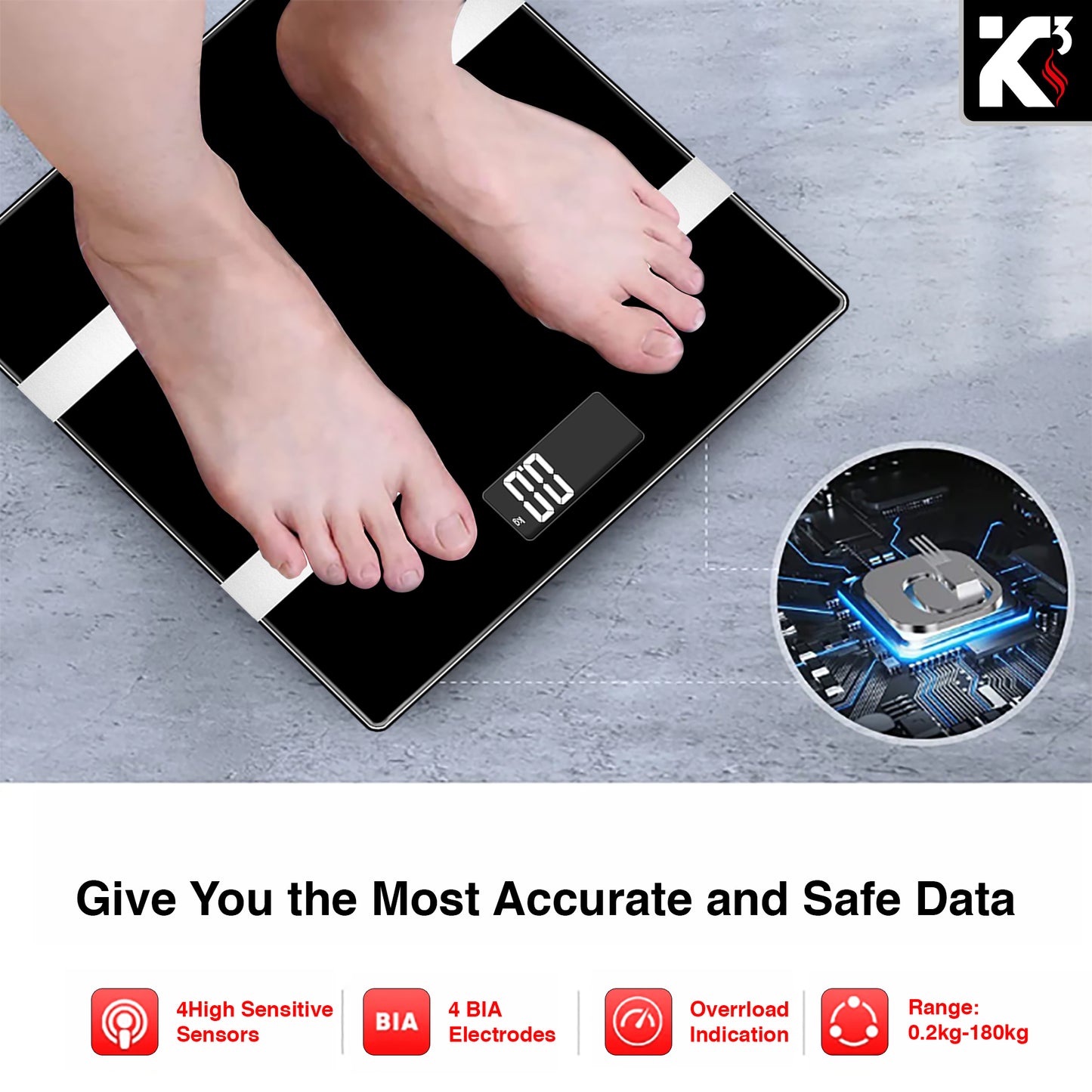 Kcubeinc Smart Digital Bathroom Weighing Scale with Body Fat and Water Weight for People, Bluetooth BMI Electronic Body Analyzer Machine, 400 lbs. BBS HL B BLK