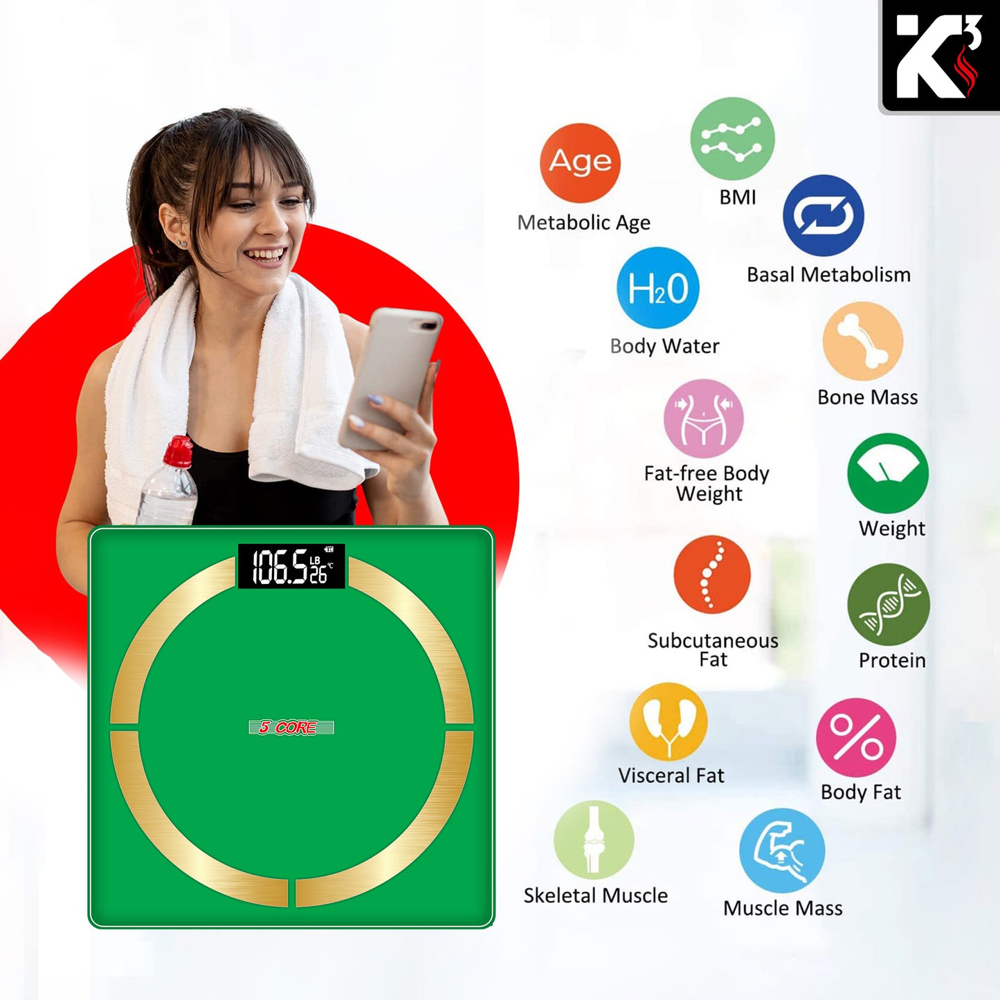Kcubeinc Smart Digital Scale for Body Weight and Fat Percentage, Battery Power Digital Bathroom Smart Scale Bluetooth Body Fat Scale, BMI Monitor with App 400lbs- BBS 03 B SG