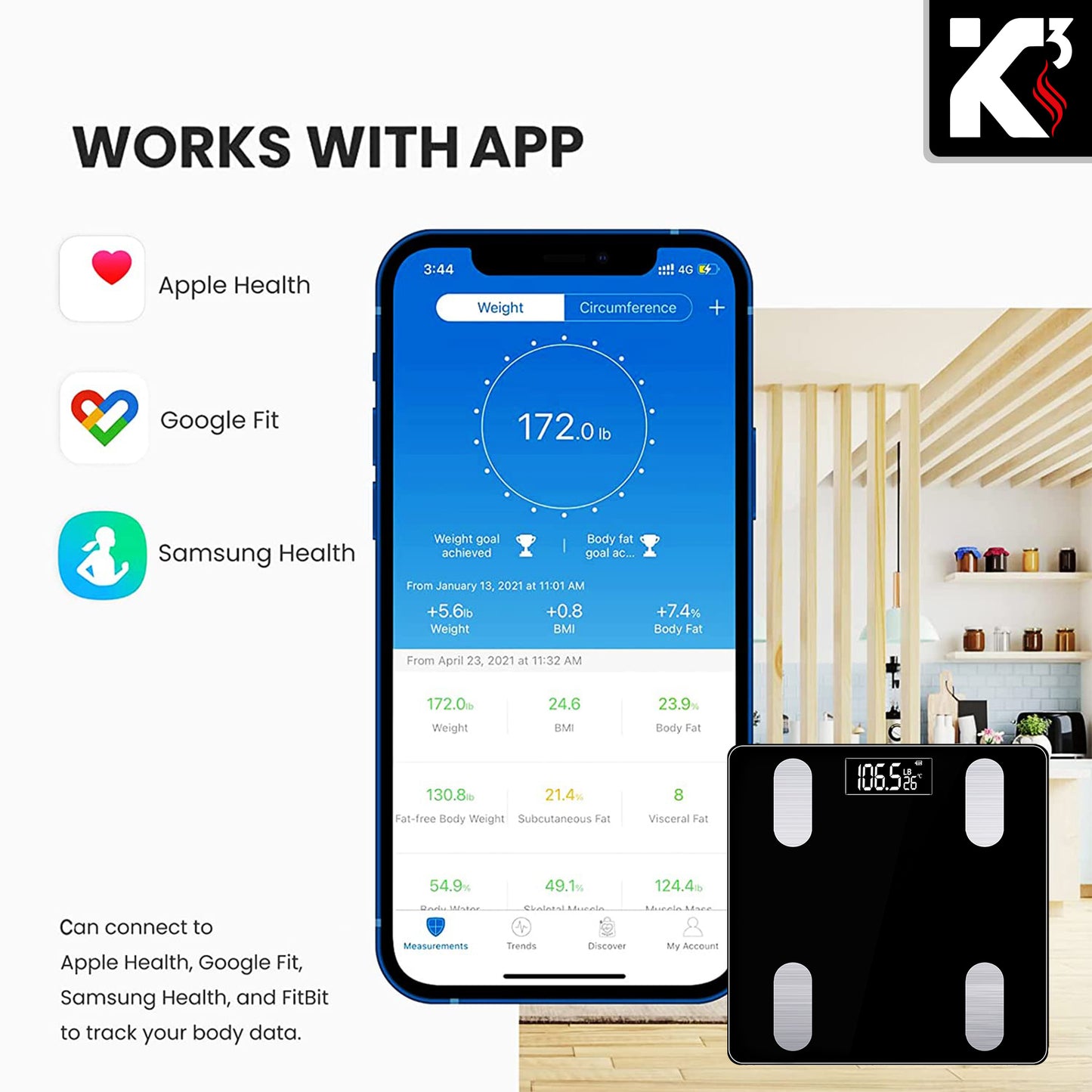 Kcubeinc Smart Digital Bathroom Weighing Scale with Body Fat and Water Weight for People, Bluetooth BMI Electronic Body Analyzer Machine, 400 lbs. BBS VL B BLK