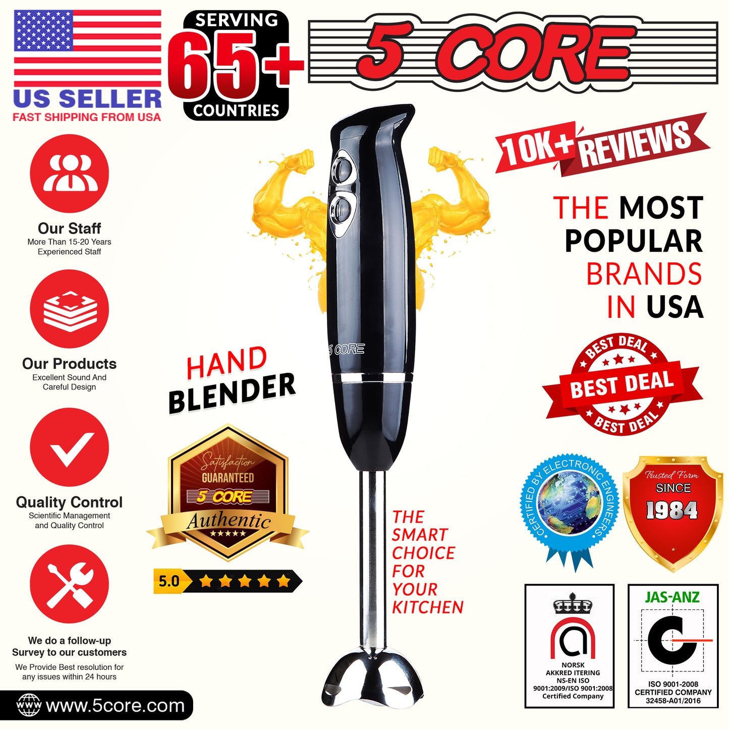 Powerful Immersion Blender Black| 500 Watt Multi-Purpose Hand Blender Heavy Duty Copper Motor w/ Steel Finish | for Soup, Smoothie, Puree, Baby Food, 304 Stainless Steel Blades- HB 1510 BLK