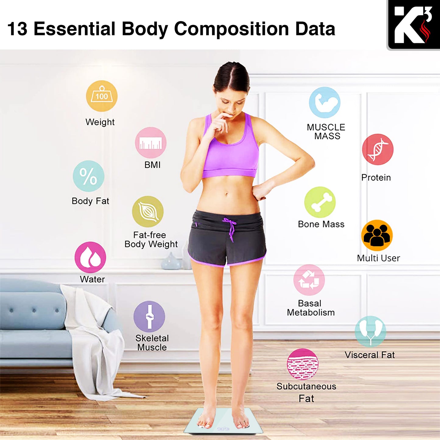 Kcubeinc 2 Pieces Smart Digital Bathroom Weighing Scale with Body Fat and Water Weight for People, Bluetooth BMI Electronic Body Analyzer Machine, 400 lbs. BBS DOT B WH