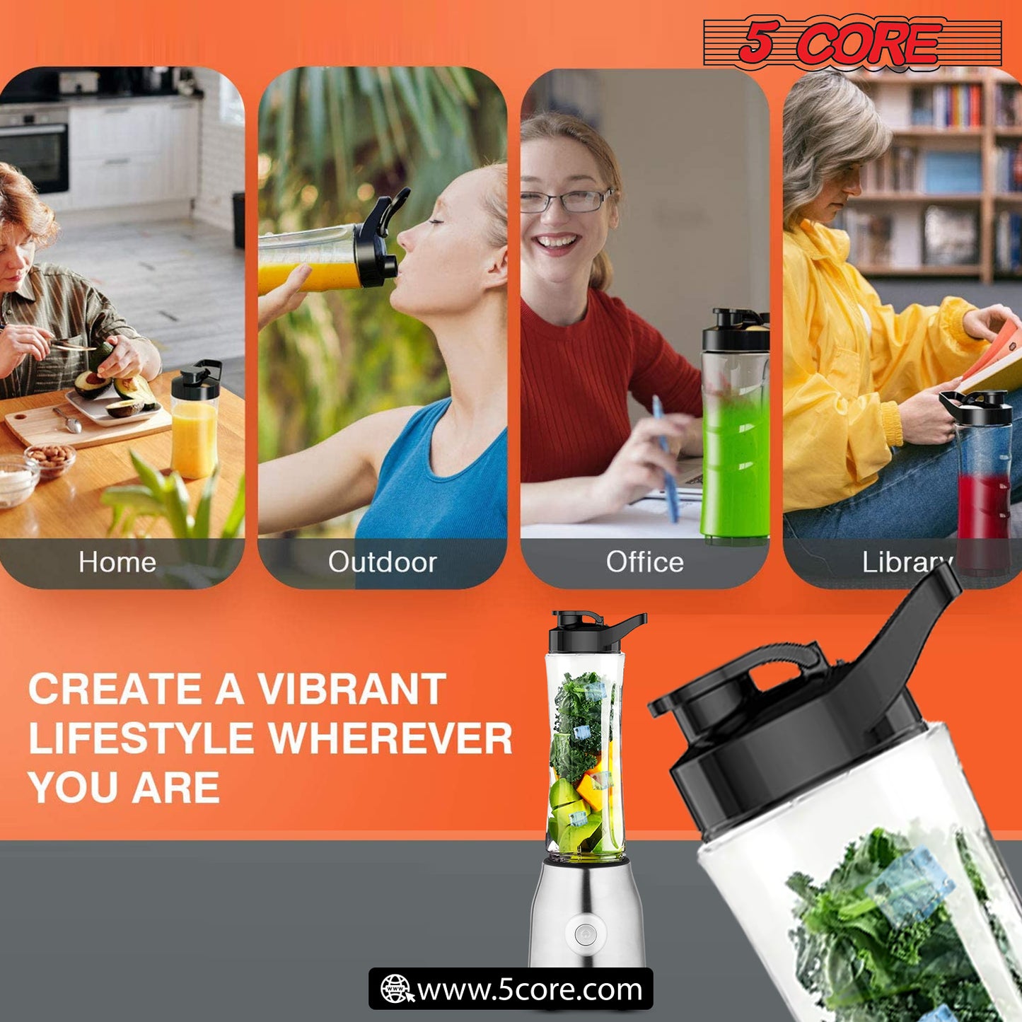 Personal Blender 20 Oz Capacity| BPA Free Food Processor with Portable Bottle 600ml| 300W Electric Motor Powerful Blender with 4 Stainless Steel Blades| For Shakes and Smoothies - 5C 521