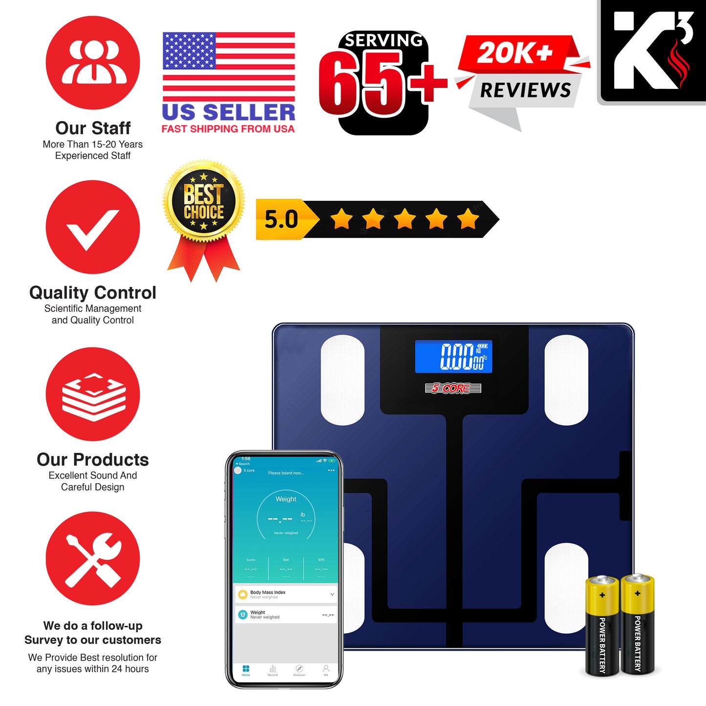 Kcubeinc Smart Digital Bathroom Weighing Scale with Body Fat and Water Weight for People, Bluetooth BMI Electronic Body Analyzer Machine, 400 lbs. BBS VL B BLU