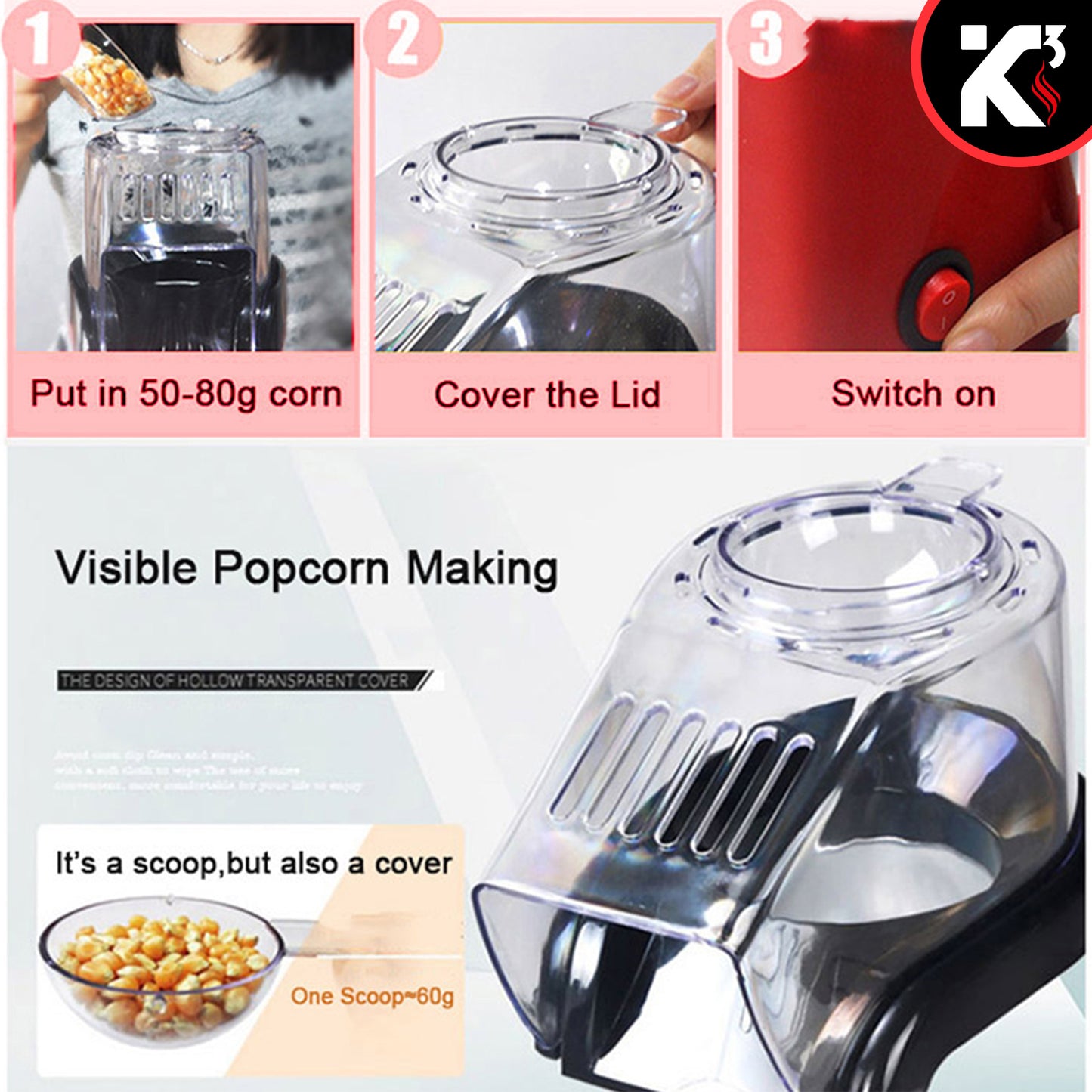 Kcubeinc Popcorn Machine Hot Air Electric Popper Kernel Corn Maker Bpa Free No Oil POP R