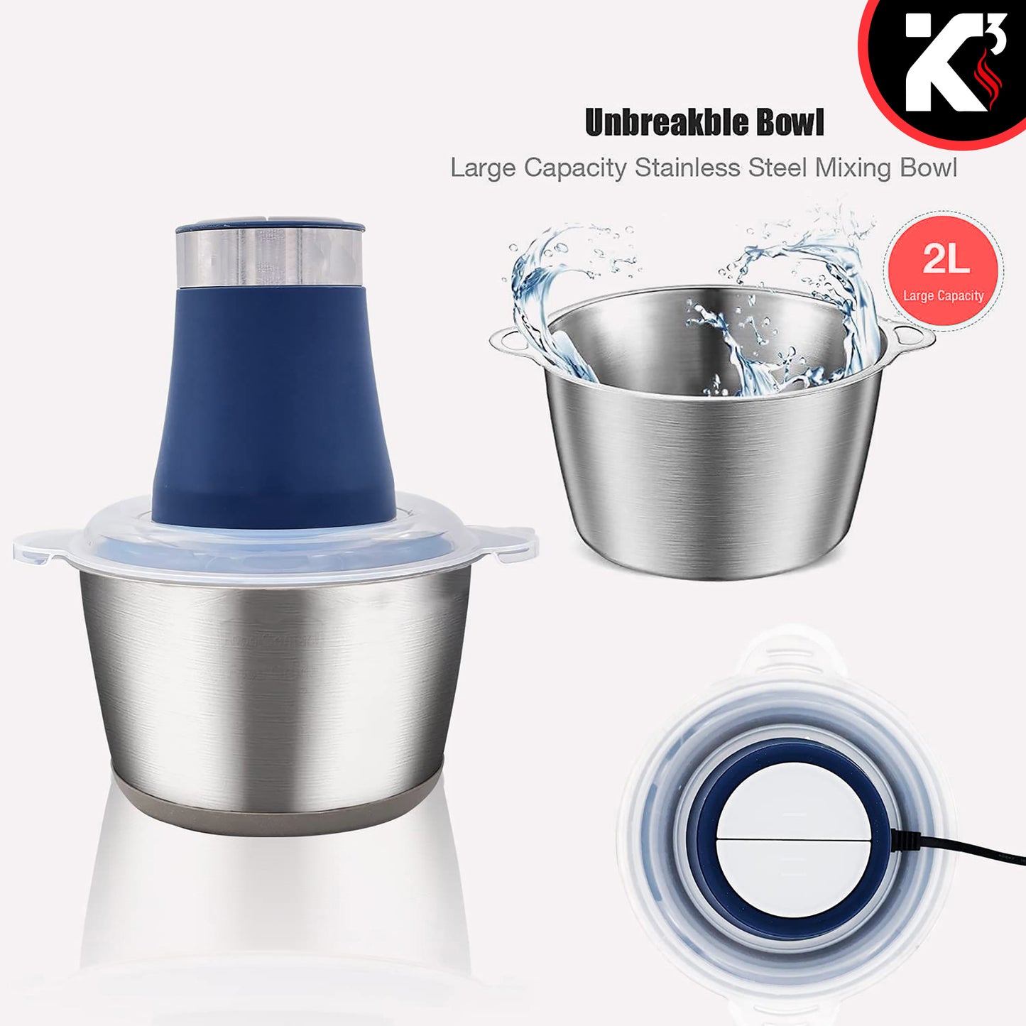 Kcubeinc Food Processor 300W Motor/ Electric Chopper Heavy Duty Meat Grinder/ 12 Cup Capacity, Stainless Steel Bowl With 2 Speed for Vegetables, Fruits, Nuts, Coffee Beans, Lean Ground Meat- MG S SSB