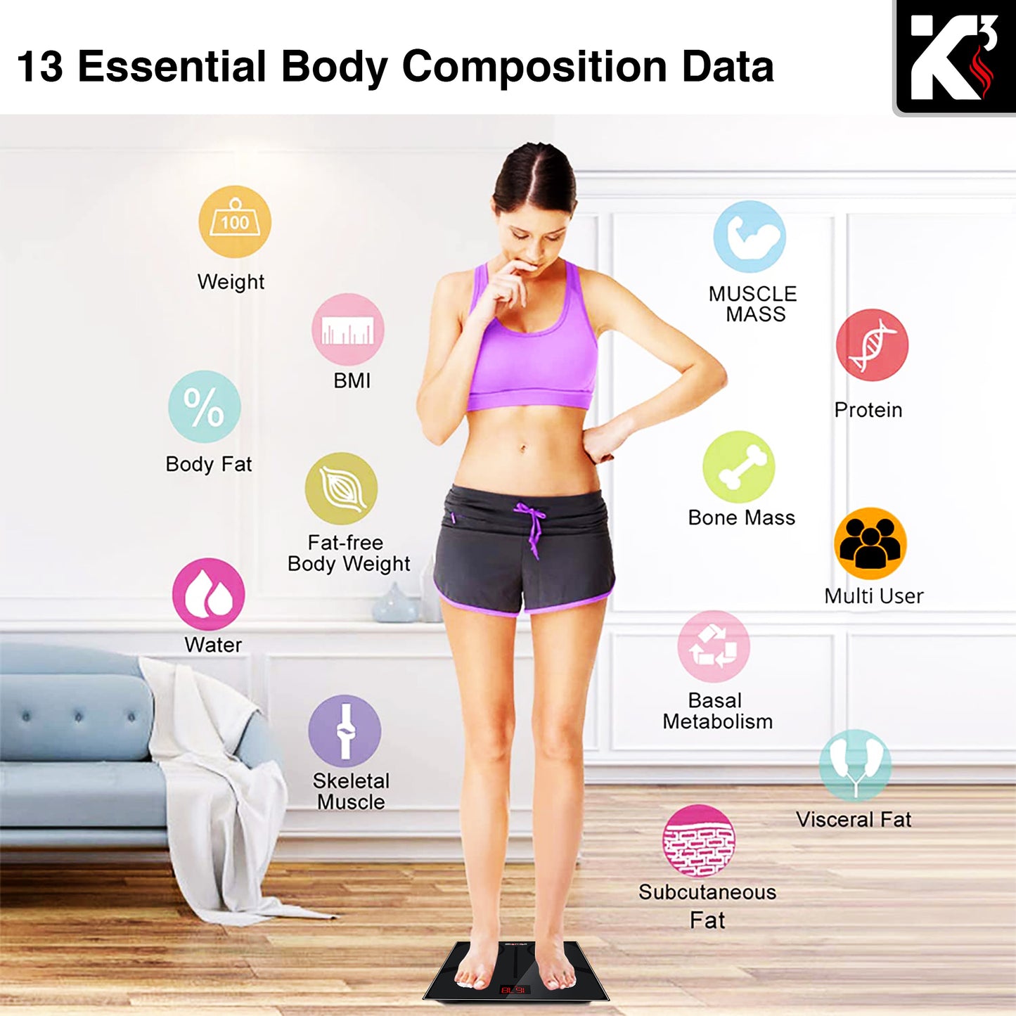 Kcubeinc Smart Digital Bathroom Weighing Scale with Body Fat and Water Weight for People, Bluetooth BMI Electronic Body Analyzer Machine, 400 lbs. BBS DOT B BLK
