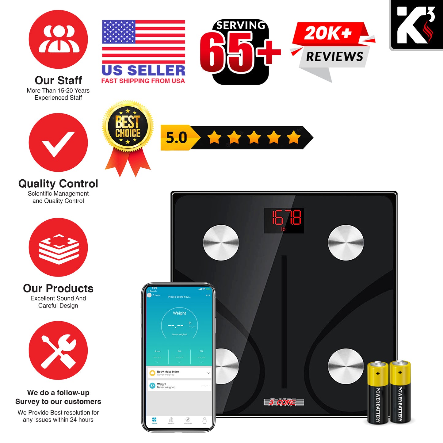 Kcubeinc Smart Digital Bathroom Weighing Scale with Body Fat and Water Weight for People, Bluetooth BMI Electronic Body Analyzer Machine, 400 lbs. BBS DOT B BLK