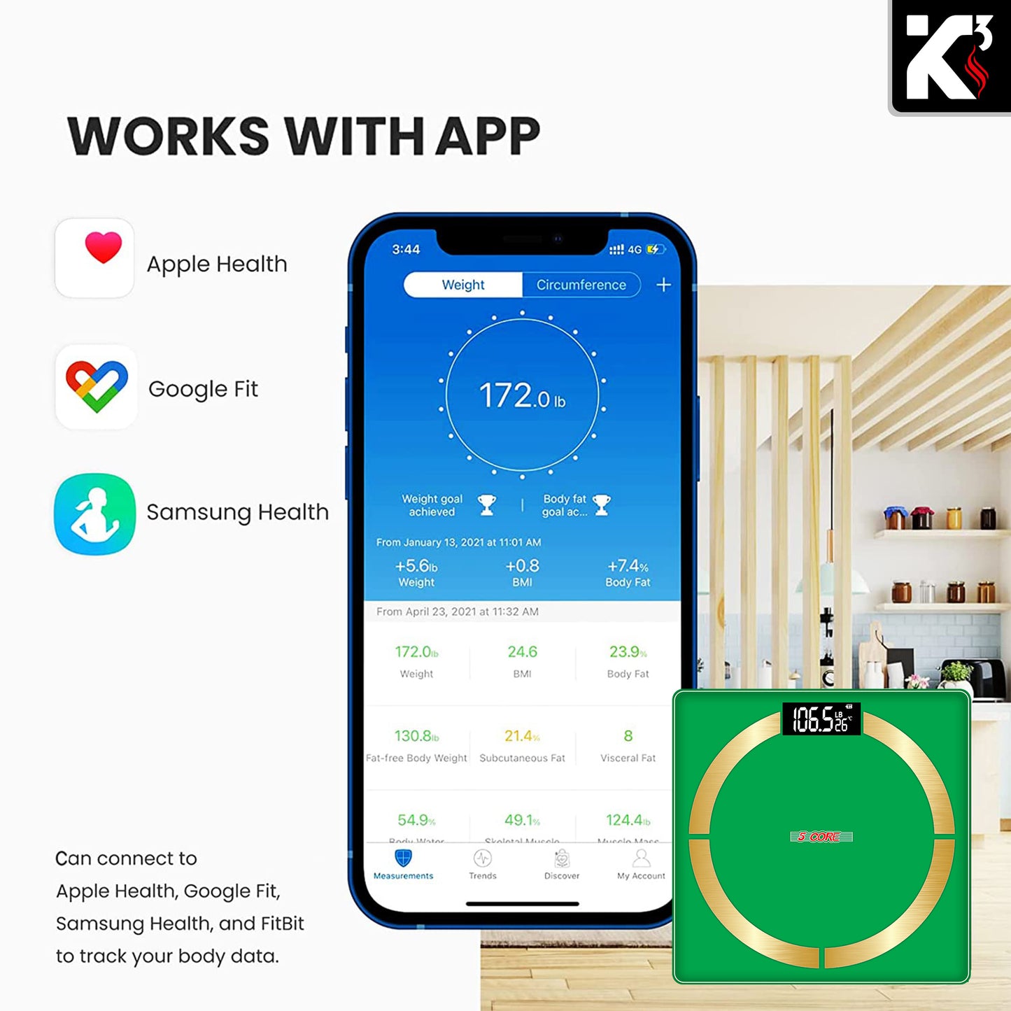 Kcubeinc Smart Digital Scale for Body Weight and Fat Percentage, Battery Power Digital Bathroom Smart Scale Bluetooth Body Fat Scale, BMI Monitor with App 400lbs- BBS 03 B SG