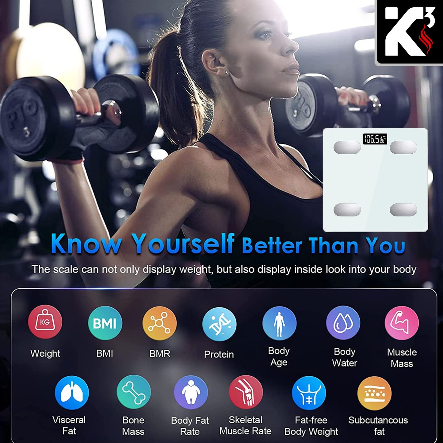 Kcubeinc Smart Digital Bathroom Weighing Scale with Body Fat and Water Weight for People, Bluetooth BMI Electronic Body Analyzer Machine, 400 lbs. BBS HL B WH