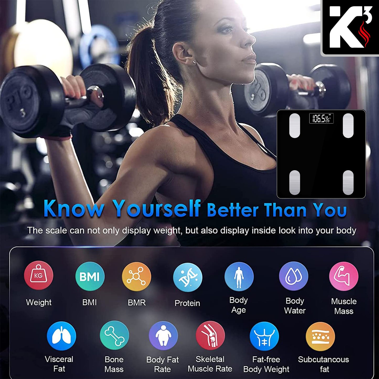 Kcubeinc Smart Digital Bathroom Weighing Scale with Body Fat and Water Weight for People, Bluetooth BMI Electronic Body Analyzer Machine, 400 lbs. BBS VL B BLK