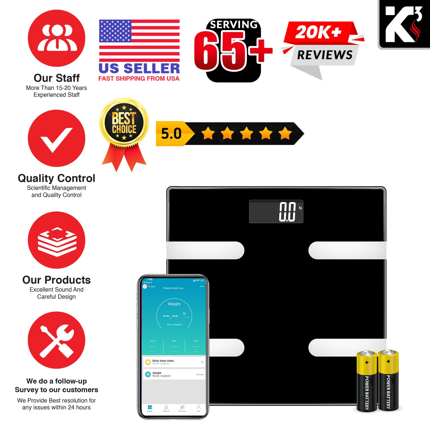 Kcubeinc Smart Digital Bathroom Weighing Scale with Body Fat and Water Weight for People, Bluetooth BMI Electronic Body Analyzer Machine, 400 lbs. BBS HL B BLK