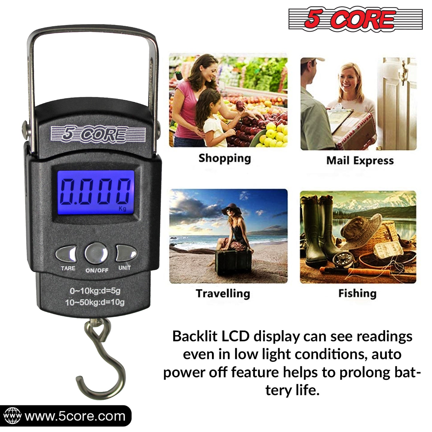 Kcubeinc Fish Scale 110lb/50kg Capacity Backlit Blue LCD Display/ Fishing Scale with Built-in Measuring Tape/ Hanging Hook Scale Operates with 2 AAA Batteries- LS-006