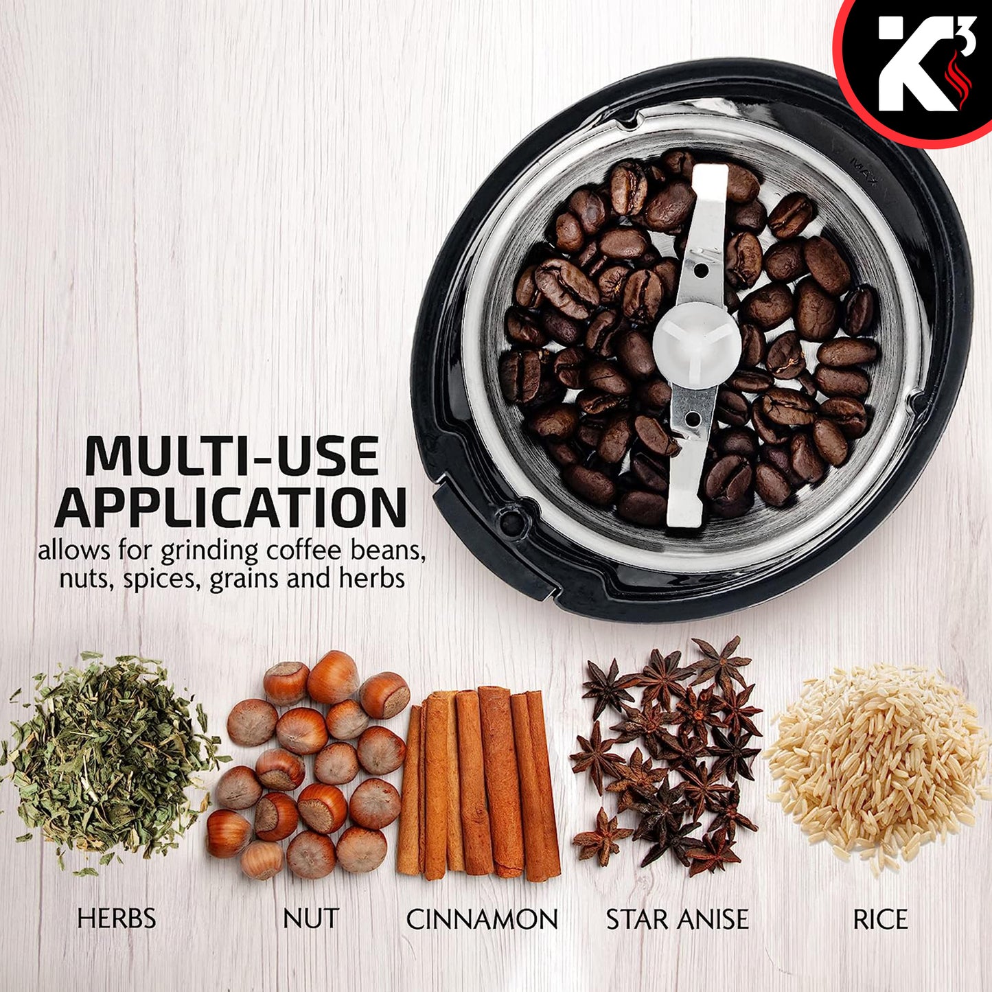 One-Touch Coffee and Spice Grinder Black| Stainless Steel Blades, Removable Chamber| Capacity up to 12 Cups| Electric Coffee Grinder for Beans, Spices, and More- CG 01 BL