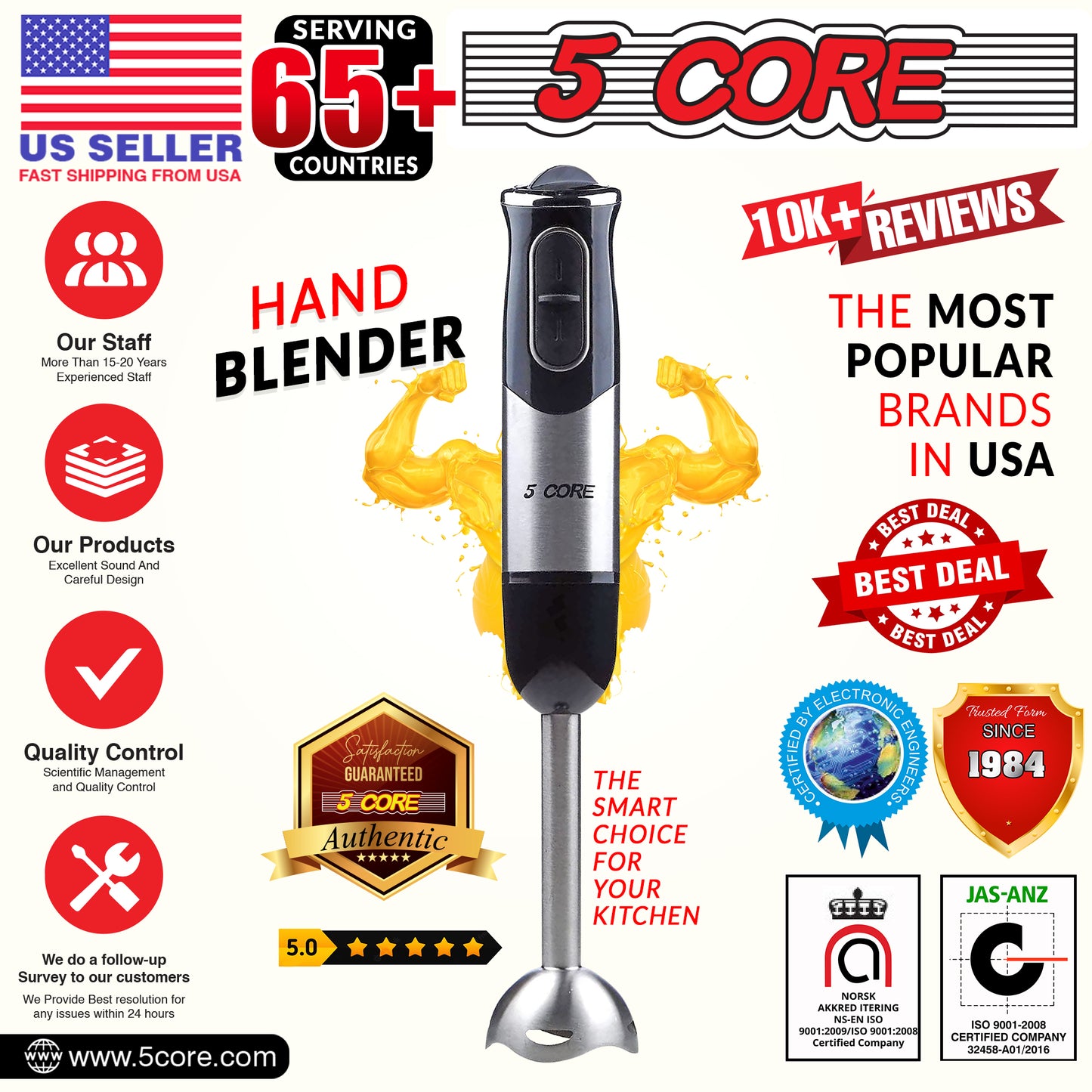 Powerful Immersion Blender| 500 Watt Multi-Purpose Hand Blender Heavy Duty Copper Motor Brushed Stainless Steel| for Soup, Smoothie, Puree, Baby Food, 304 Stainless Steel Blades- HB 1510