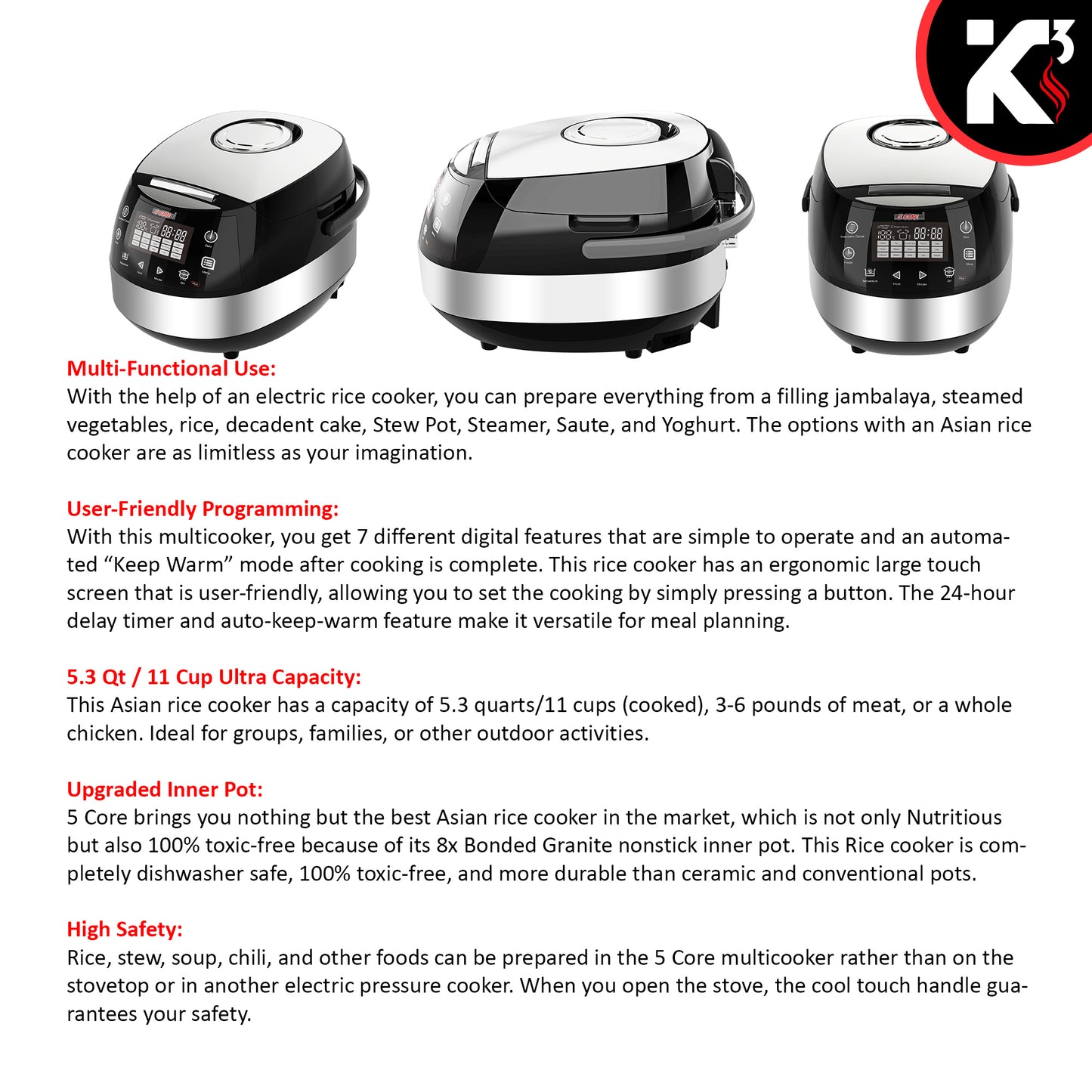 Kcubeinc 5.3Qt Asian Rice Cooker Digital Programmable 15-in-1 Ergonomic Large Touch Screen Electric Multi Cooker Slow Cooker Steamer Pot Warmer 11 Cups 24 Hour Delay Timer Auto Keep Warm Feature RC 0501