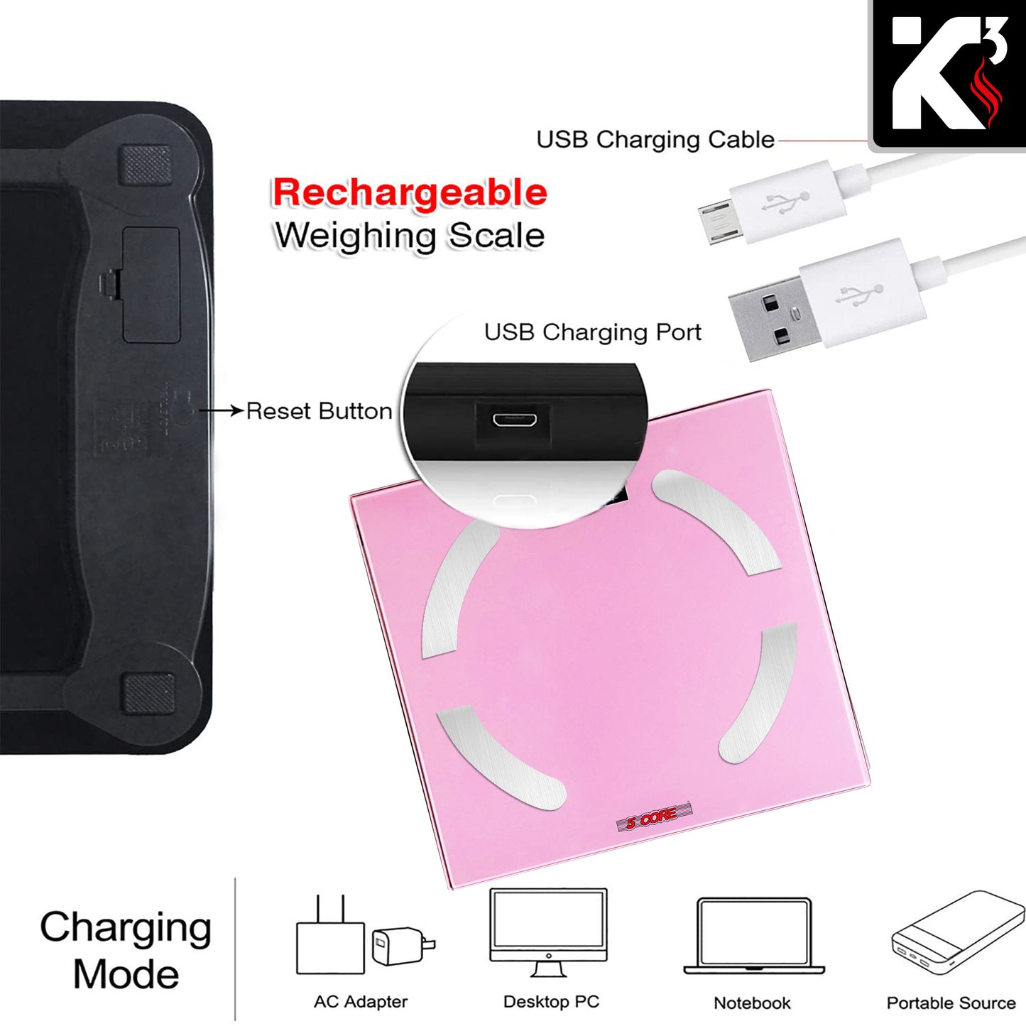 Kcubeinc Rechargeable Smart Digital Bathroom Weighing Scale with Body Fat and Water Weight for People, Bluetooth BMI Electronic Body Analyzer Machine, 400 lbs. BBS 03 R PNK