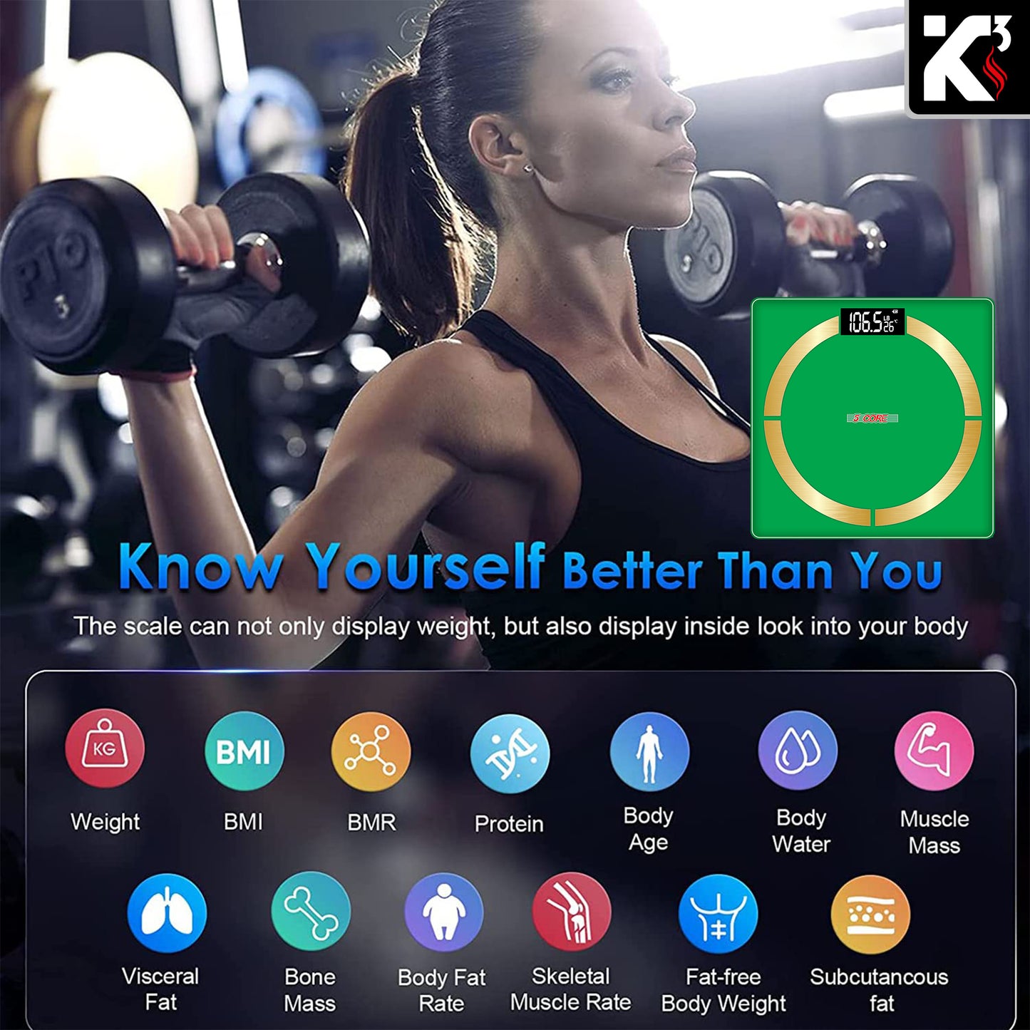 Kcubeinc Smart Digital Scale for Body Weight and Fat Percentage, Battery Power Digital Bathroom Smart Scale Bluetooth Body Fat Scale, BMI Monitor with App 400lbs- BBS 03 B SG