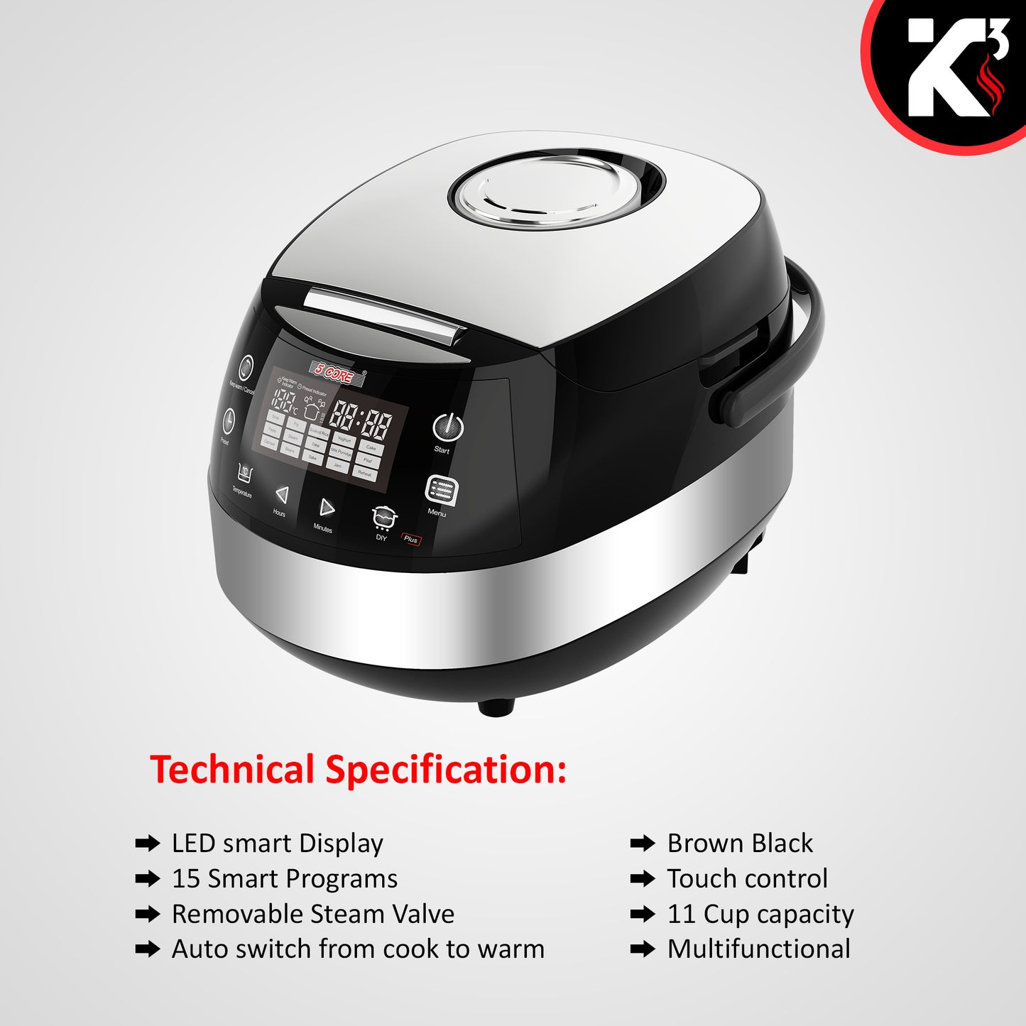 Kcubeinc 5.3Qt Asian Rice Cooker Digital Programmable 15-in-1 Ergonomic Large Touch Screen Electric Multi Cooker Slow Cooker Steamer Pot Warmer 11 Cups 24 Hour Delay Timer Auto Keep Warm Feature RC 0501