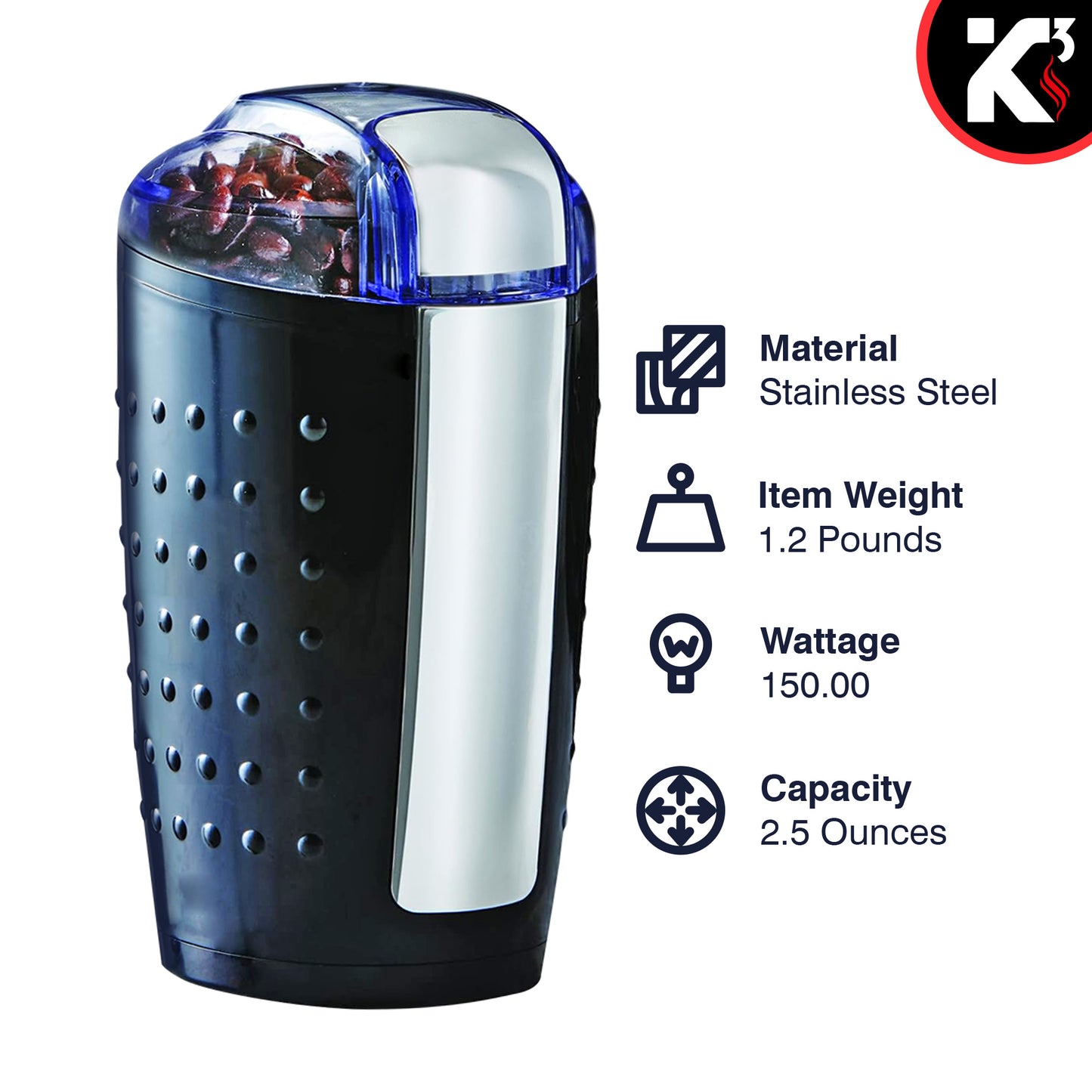 One-Touch Coffee and Spice Grinder Black| Stainless Steel Blades, Removable Chamber| Capacity up to 12 Cups| Electric Coffee Grinder for Beans, Spices, and More- CG 01 BL