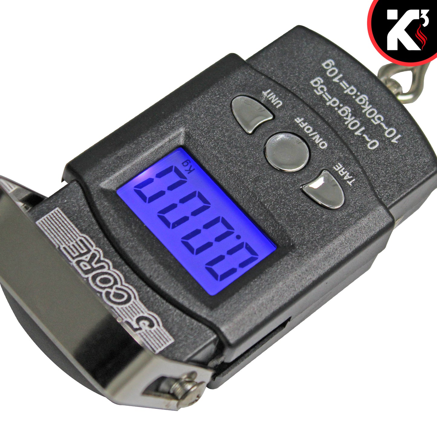 Kcubeinc Fish Scale 110lb/50kg Capacity Backlit Blue LCD Display/ Fishing Scale with Built-in Measuring Tape/ Hanging Hook Scale Operates with 2 AAA Batteries- LS-006