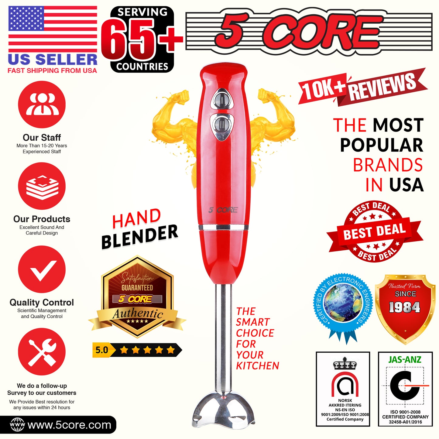Powerful Immersion Blender Red| 500 Watt Multi-Purpose Hand Blender Heavy Duty Copper Motor Brushed Stainless Steel| for Soup, Smoothie, Puree, Baby Food, 304 Stainless Steel Blades- HB 1510 RED