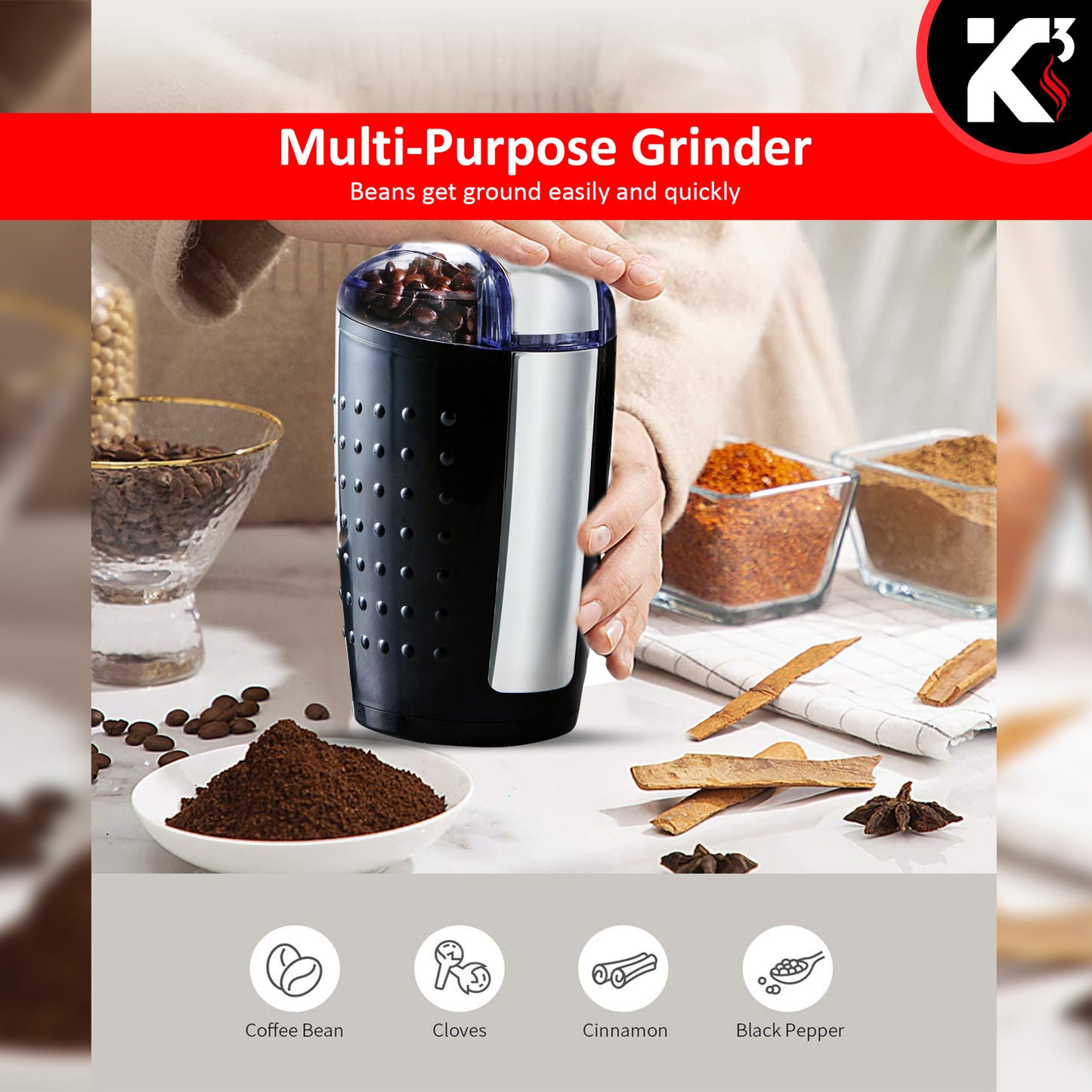 One-Touch Coffee and Spice Grinder Black| Stainless Steel Blades, Removable Chamber| Capacity up to 12 Cups| Electric Coffee Grinder for Beans, Spices, and More- CG 01 BL