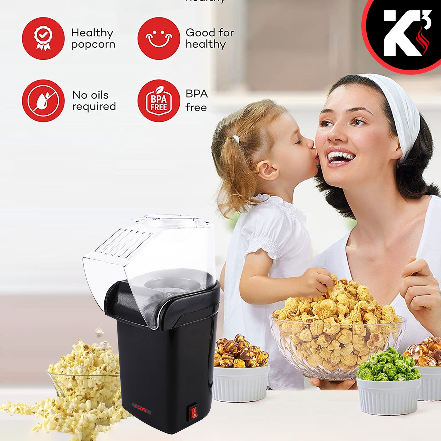 Kcubeinc Popcorn Machine Hot Air Electric Popper Kernel Corn Maker Bpa Free No Oil POP B