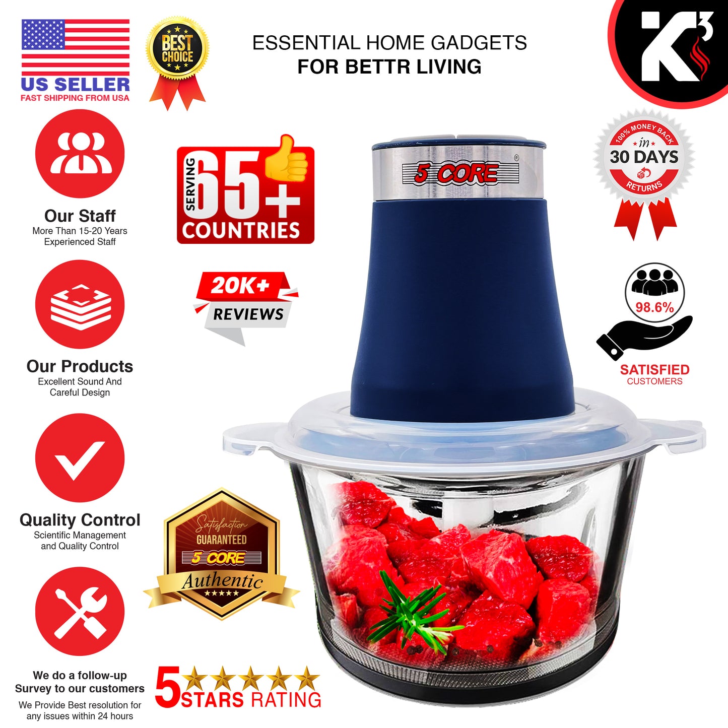 Kcubeinc Electric Food Chopper, 8-Cup Food Processor/ Stainless Steel Motor Unit, and 4 Sharp Blades/ 2L Glass Bowl Grinder for Meat, Vegetables, Fruits and Nuts- MG S GB