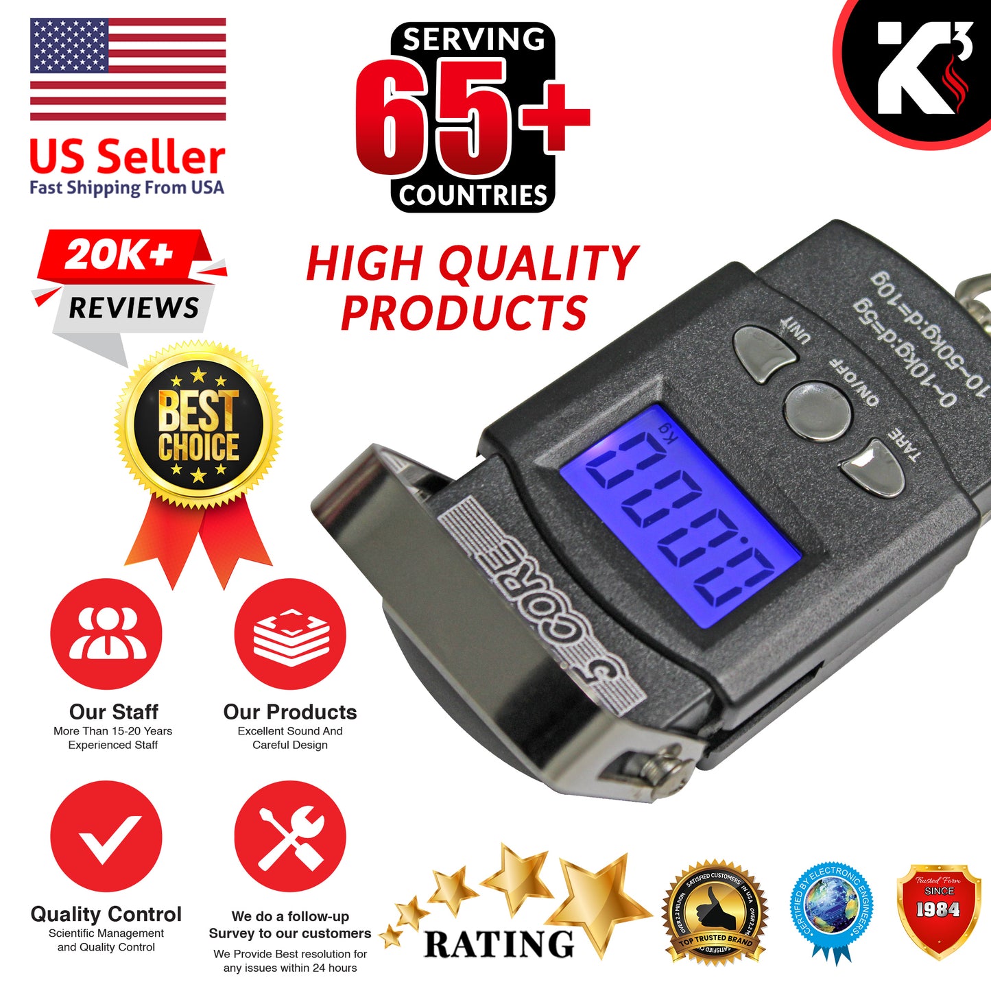 Kcubeinc Fish Scale 110lb/50kg Capacity Backlit Blue LCD Display/ Fishing Scale with Built-in Measuring Tape/ Hanging Hook Scale Operates with 2 AAA Batteries- LS-006