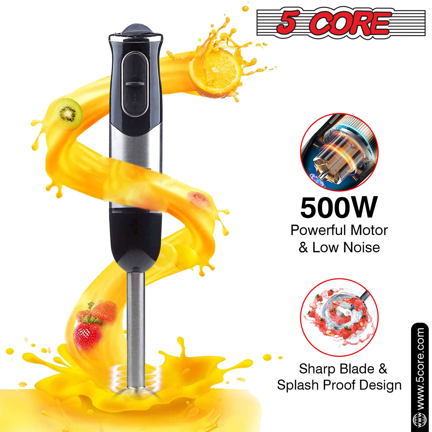 Powerful Immersion Blender| 500 Watt Multi-Purpose Hand Blender Heavy Duty Copper Motor Brushed Stainless Steel| for Soup, Smoothie, Puree, Baby Food, 304 Stainless Steel Blades- HB 1510