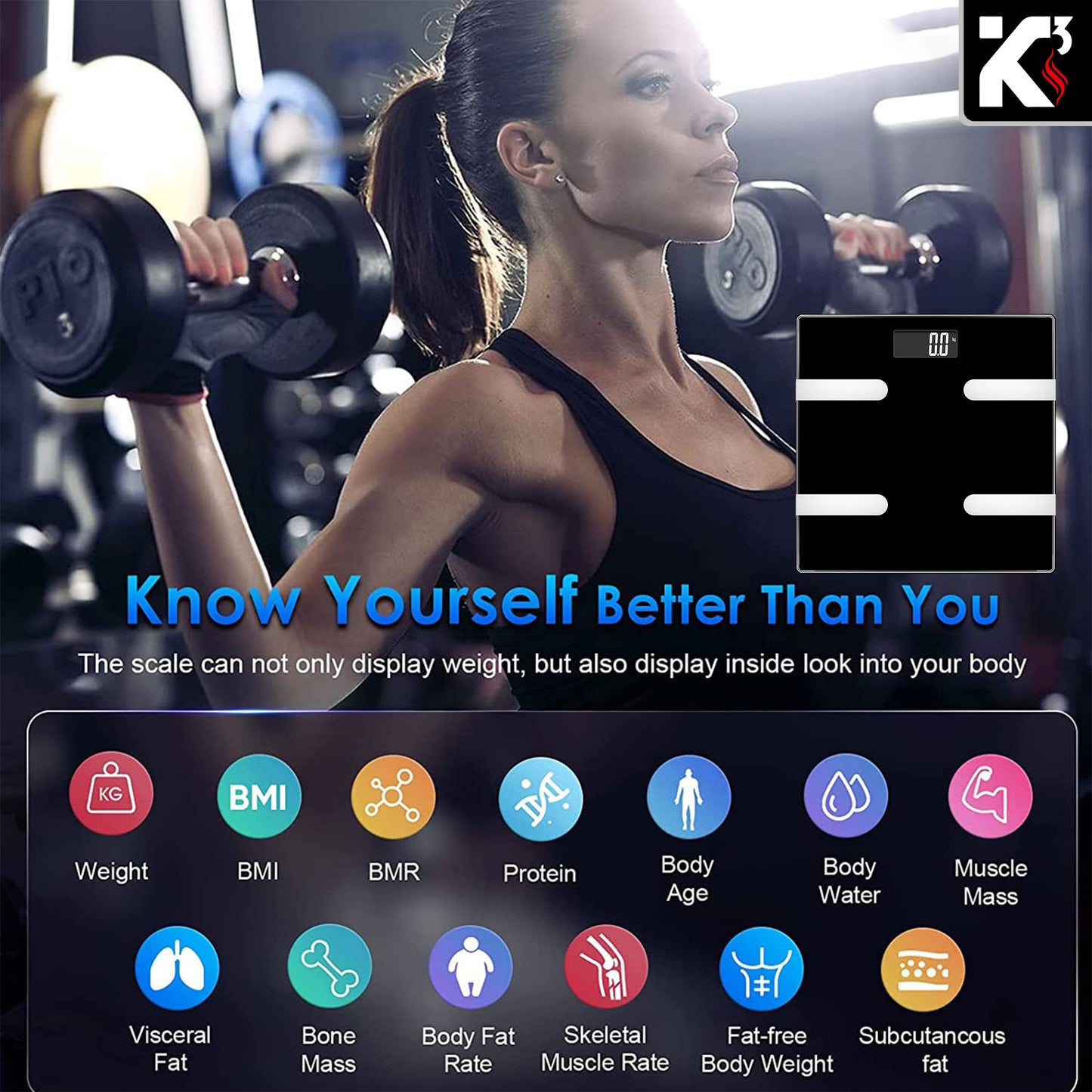 Kcubeinc Smart Digital Bathroom Weighing Scale with Body Fat and Water Weight for People, Bluetooth BMI Electronic Body Analyzer Machine, 400 lbs. BBS HL B BLK