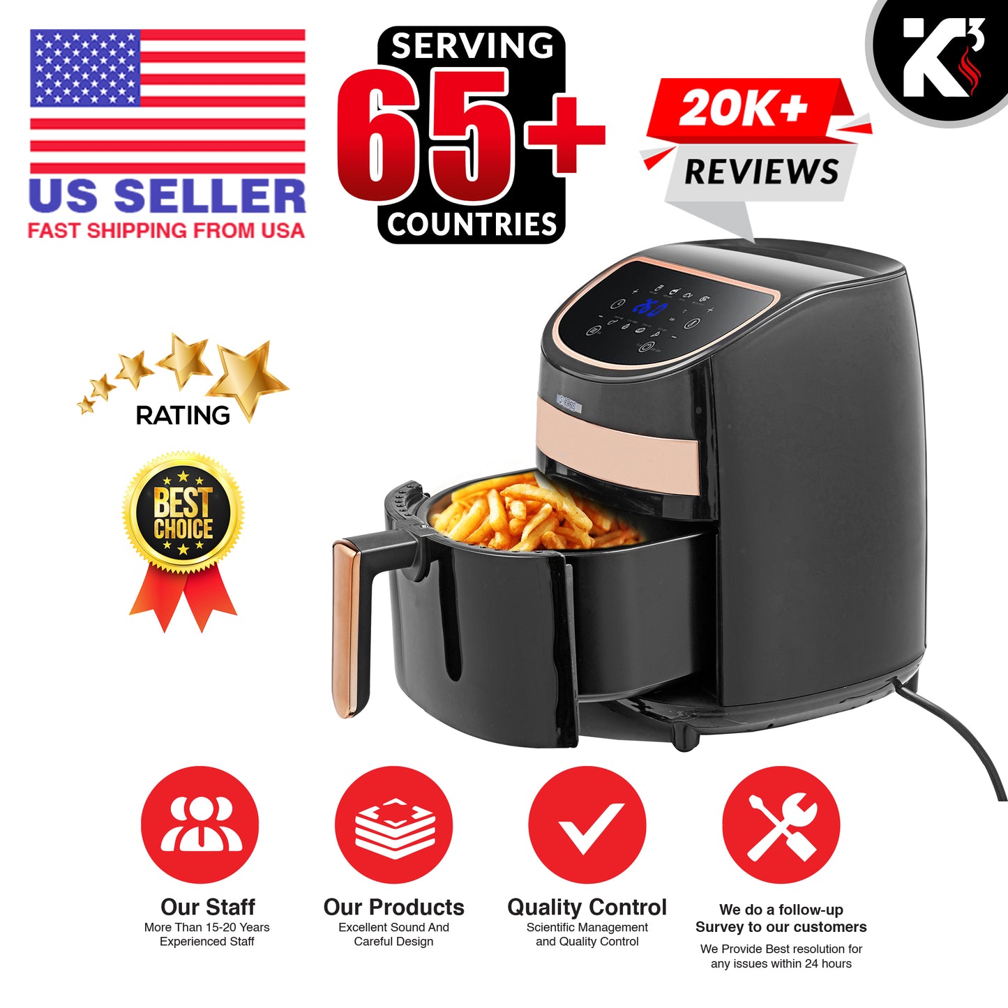 Air Fryer Oven 3.2 Quart (3 Liter)| 4-in-1 Black Airfryer, Bake, Roast, Reheat, Space-saving & Low-noise, 85% Oil-less, Nonstick| Large Touch Screen, ETL Approved- AF 320