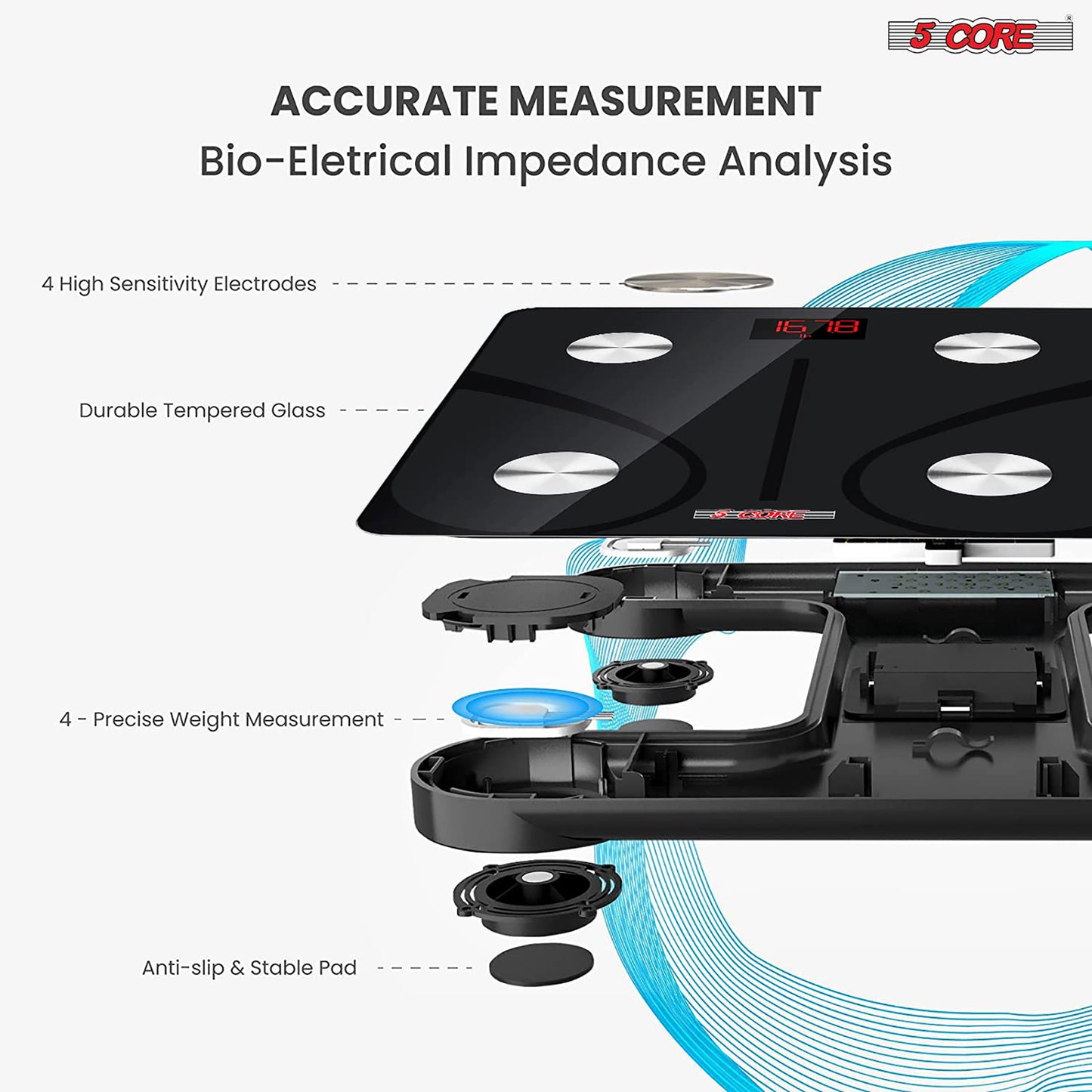 Kcubeinc Rechargeable Smart Digital Bathroom Weighing Scale with Body Fat and Water Weight for People, Bluetooth BMI Electronic Body Analyzer Machine, 400 lbs. BBS DOT R BLK