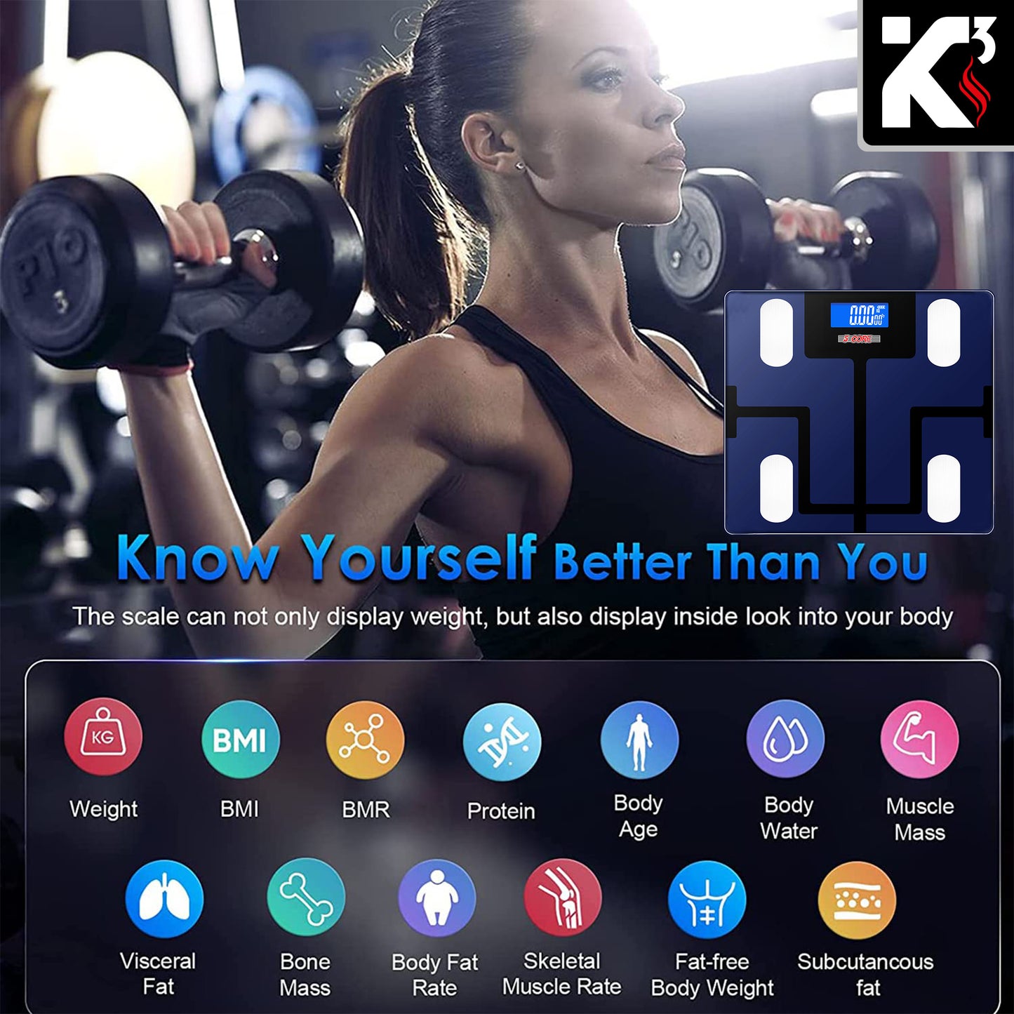 Kcubeinc Smart Digital Bathroom Weighing Scale with Body Fat and Water Weight for People, Bluetooth BMI Electronic Body Analyzer Machine, 400 lbs. BBS VL B BLU