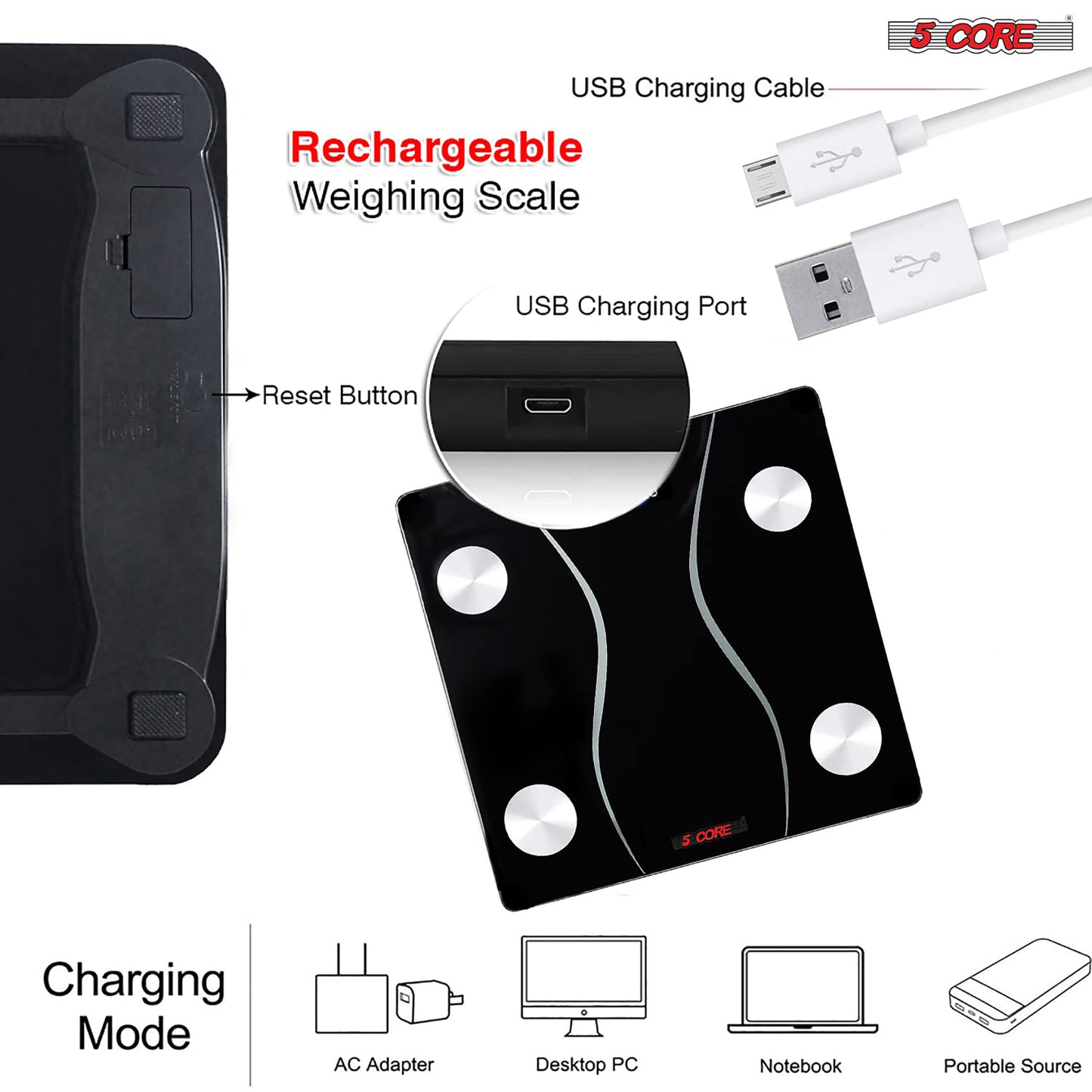 Kcubeinc Rechargeable Digital Scale for Body Weight, Precision Bathroom Weighing Bath Scale, Step-On Technology, High Capacity - 400 lbs. Large Display, Batteries Included BS 01 R BLK