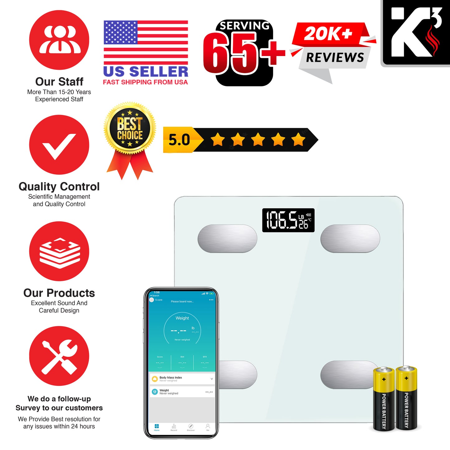 Kcubeinc Smart Digital Bathroom Weighing Scale with Body Fat and Water Weight for People, Bluetooth BMI Electronic Body Analyzer Machine, 400 lbs. BBS HL B WH