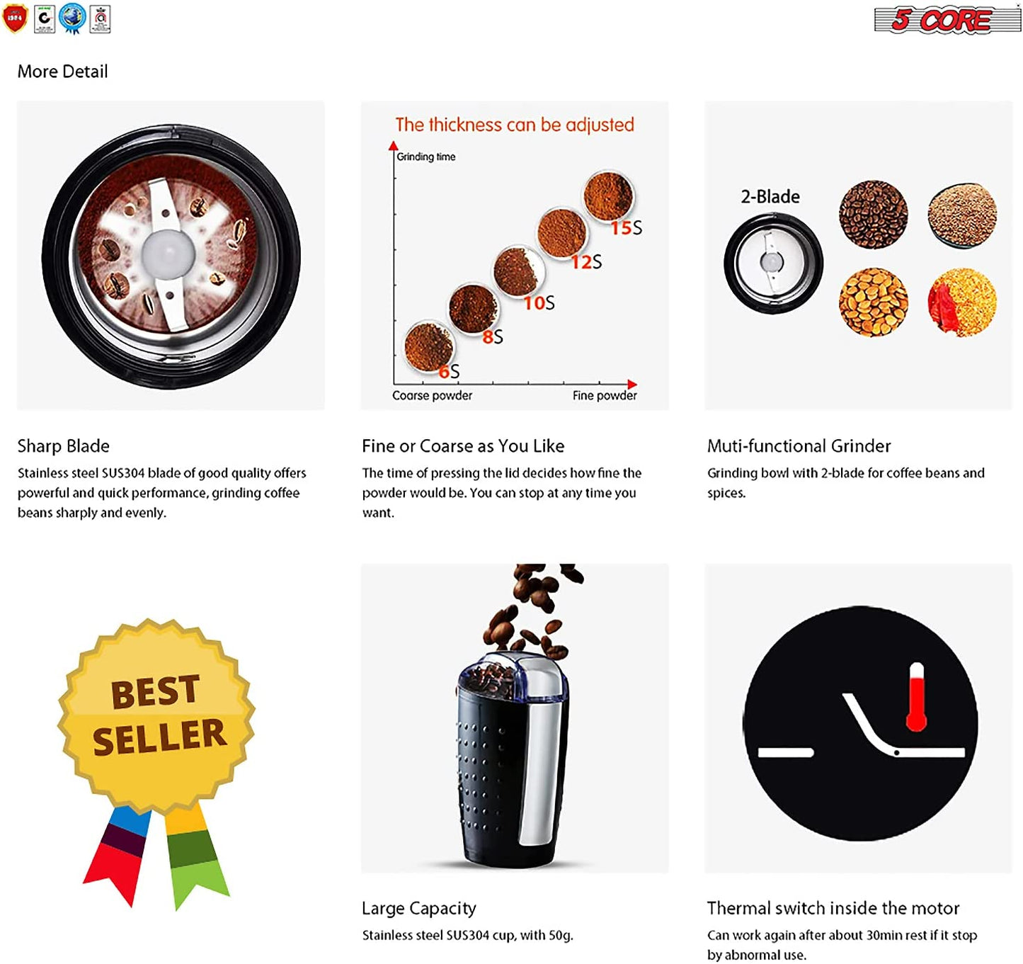 2 Pieces Electric Coffee Grinder Spice Grinders Large Portable Compact with Stainless Blade Grinder CG 01 BR & BL