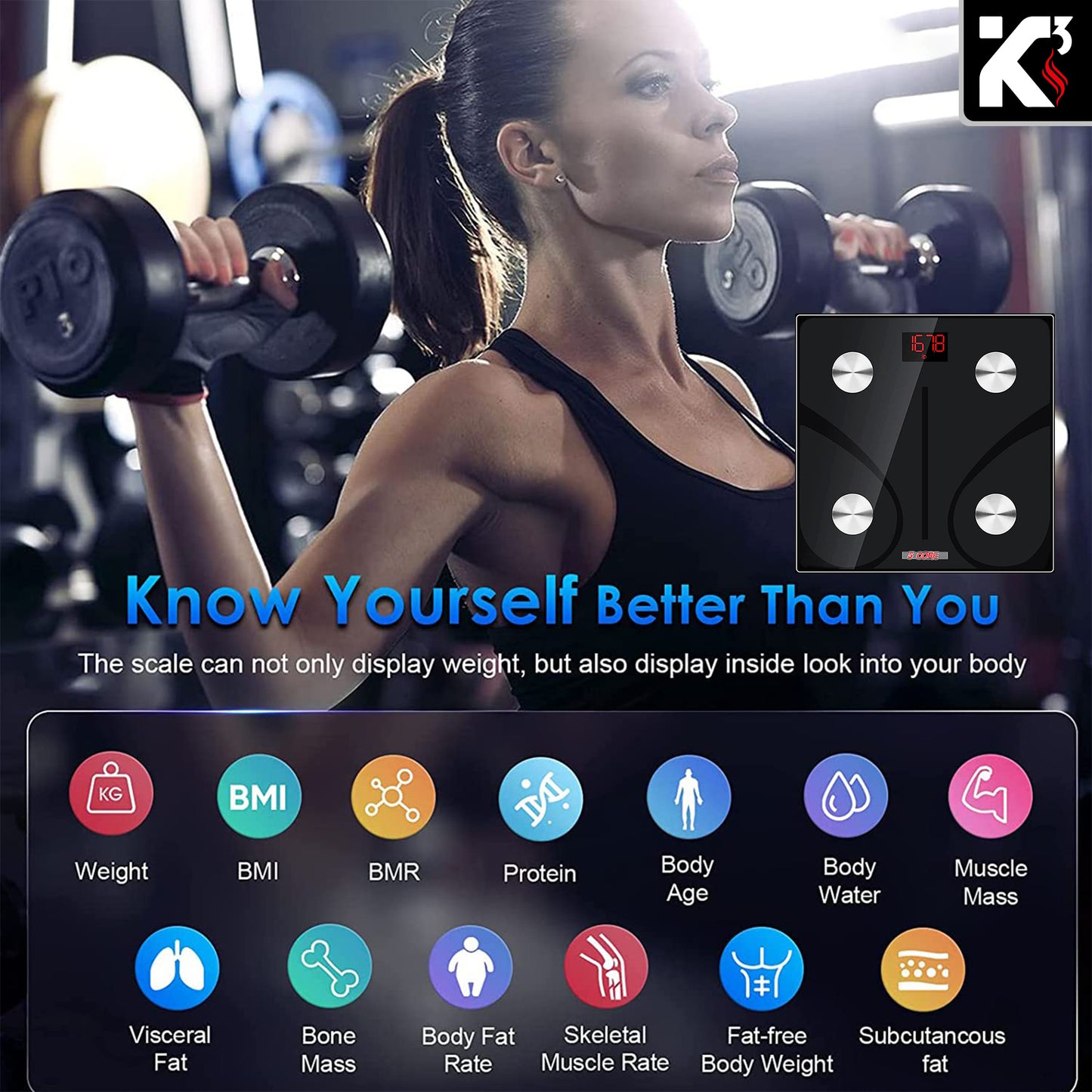Kcubeinc Smart Digital Bathroom Weighing Scale with Body Fat and Water Weight for People, Bluetooth BMI Electronic Body Analyzer Machine, 400 lbs. BBS DOT B BLK